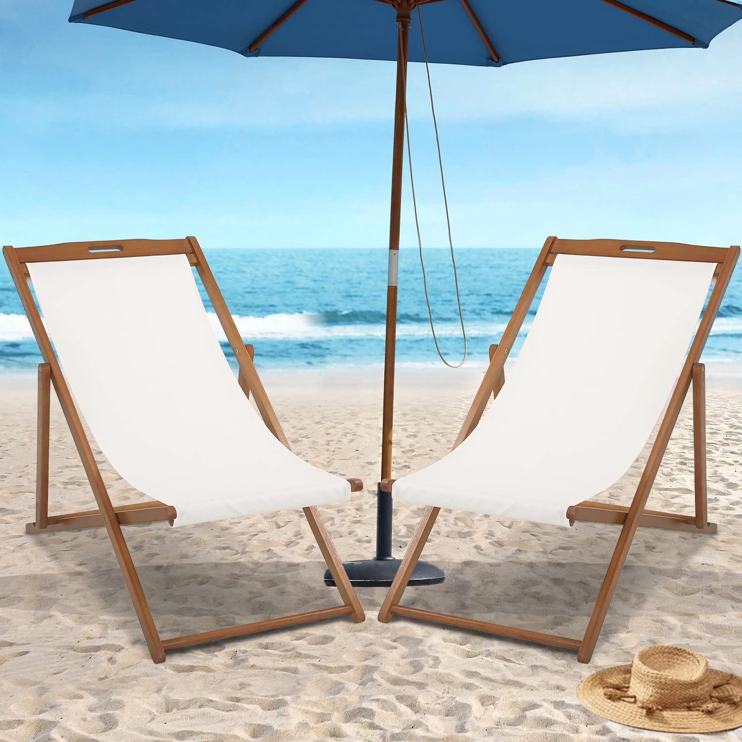 DKELI 2-Pack Beach Sling Chairs - Solid Wood Frame & Polyester Canvas Outdoor Folding Lounge Chairs - Adjustable Reclining Patio Furniture for Poolside, Backyard, Balcony & Garden Relaxation