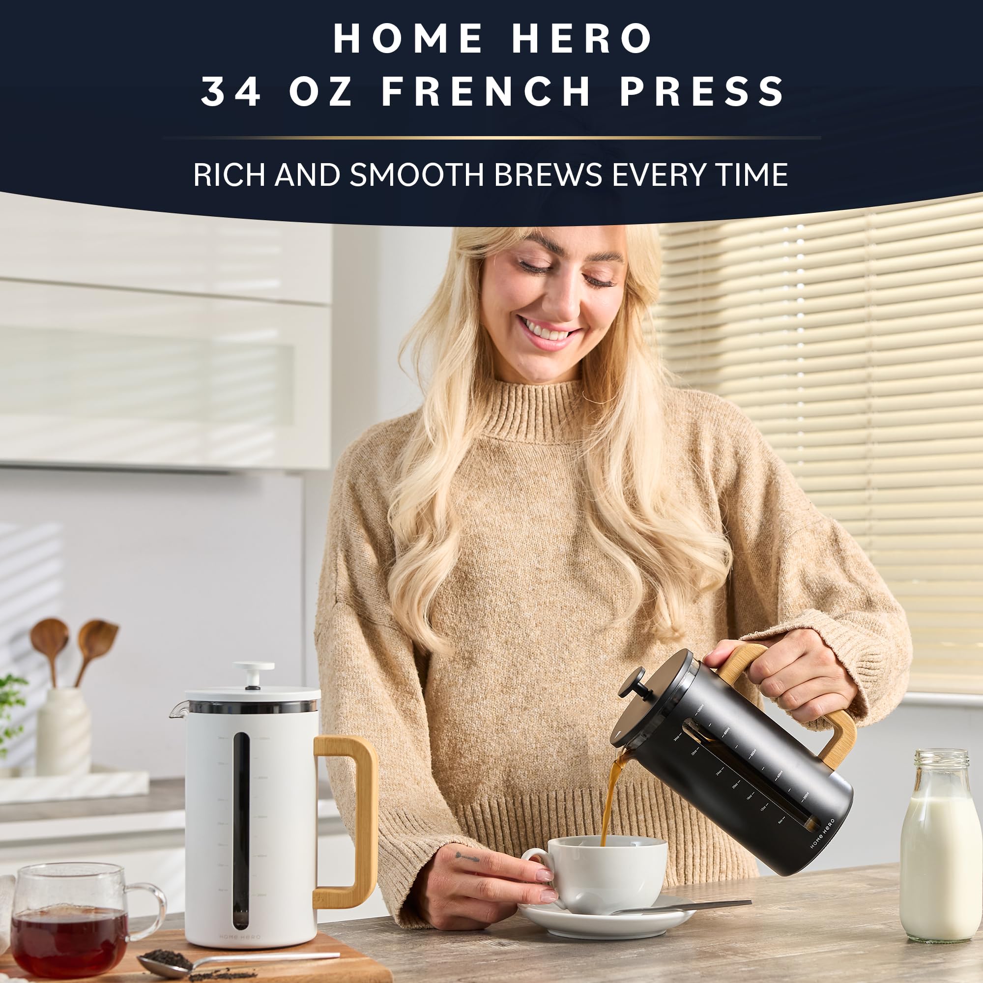 Premium French Press Coffee Maker - 34 oz Borosilicate Glass Coffee Press with Bamboo Handle, 4-Layer Stainless Steel Filter, Heat Resistant for Home, Office & Camping Use - Black