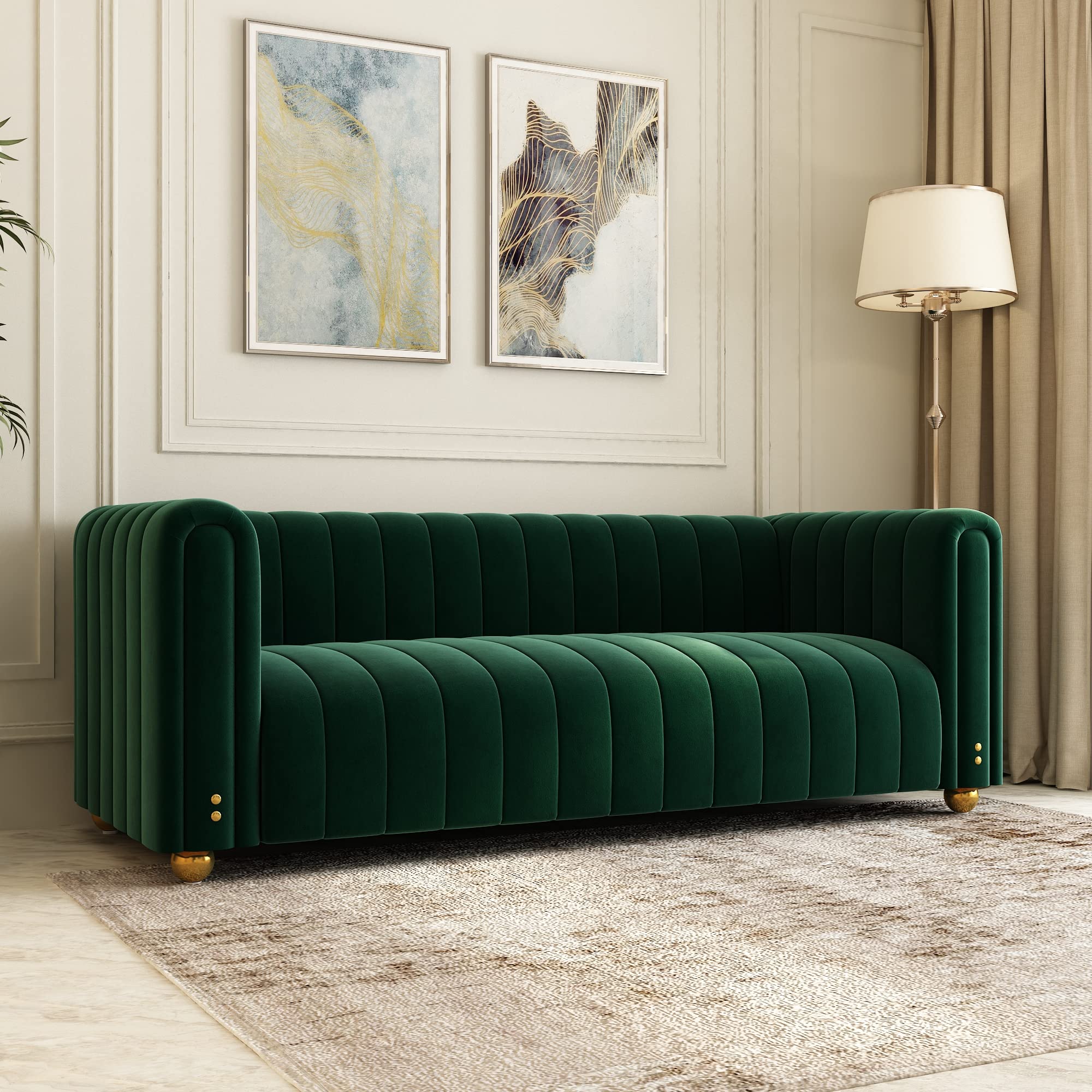 80 Inch Emerald Green Velvet Sofa - Mid-Century Modern Tufted Upholstered Couch with Golden Legs, 3-Seater Living Room Furniture for Lounge, Home Theater & Luxury Apartment Decor (Green)
