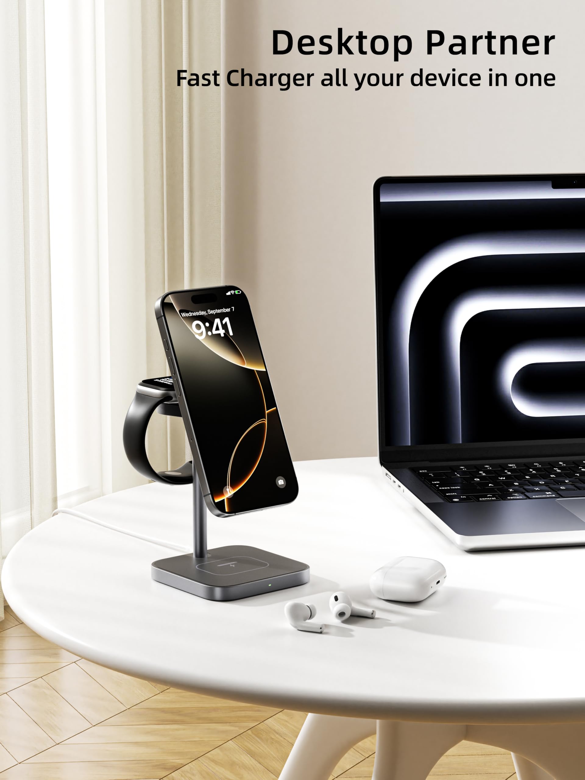 LULULOOK [Qi2 Certified] 3-in-1 Magnetic Wireless Charging Station - 15W Fast Charger Stand for iPhone 16/15/14/13/12, AirPods & Apple Watch with 30W GaN USB-C Adapter | Premium Aluminum Alloy Design | Perfect for Home, Office & Travel Charging