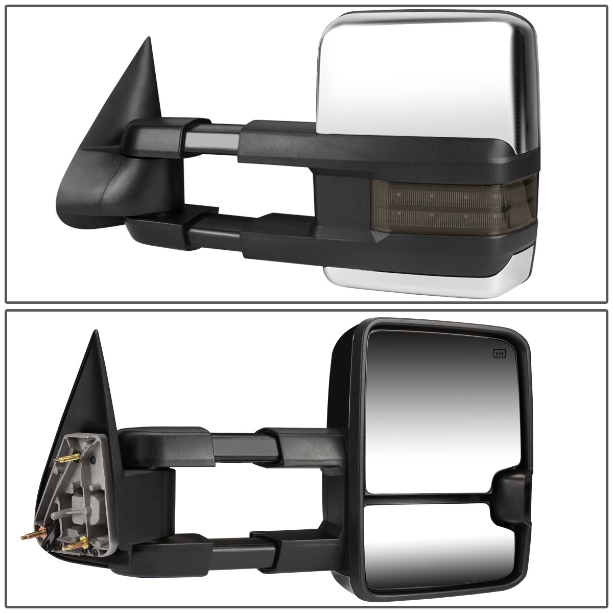 DNA Motoring TWM-030-T999-CH-SM Chrome Heated LED Towing Mirrors with Manual Telescoping - Compatible with 99-02 Chevy Silverado/GMC Sierra, 00-02 Tahoe/Suburban/Yukon - Perfect for Towing, Off-Roading & Enhanced Visibility