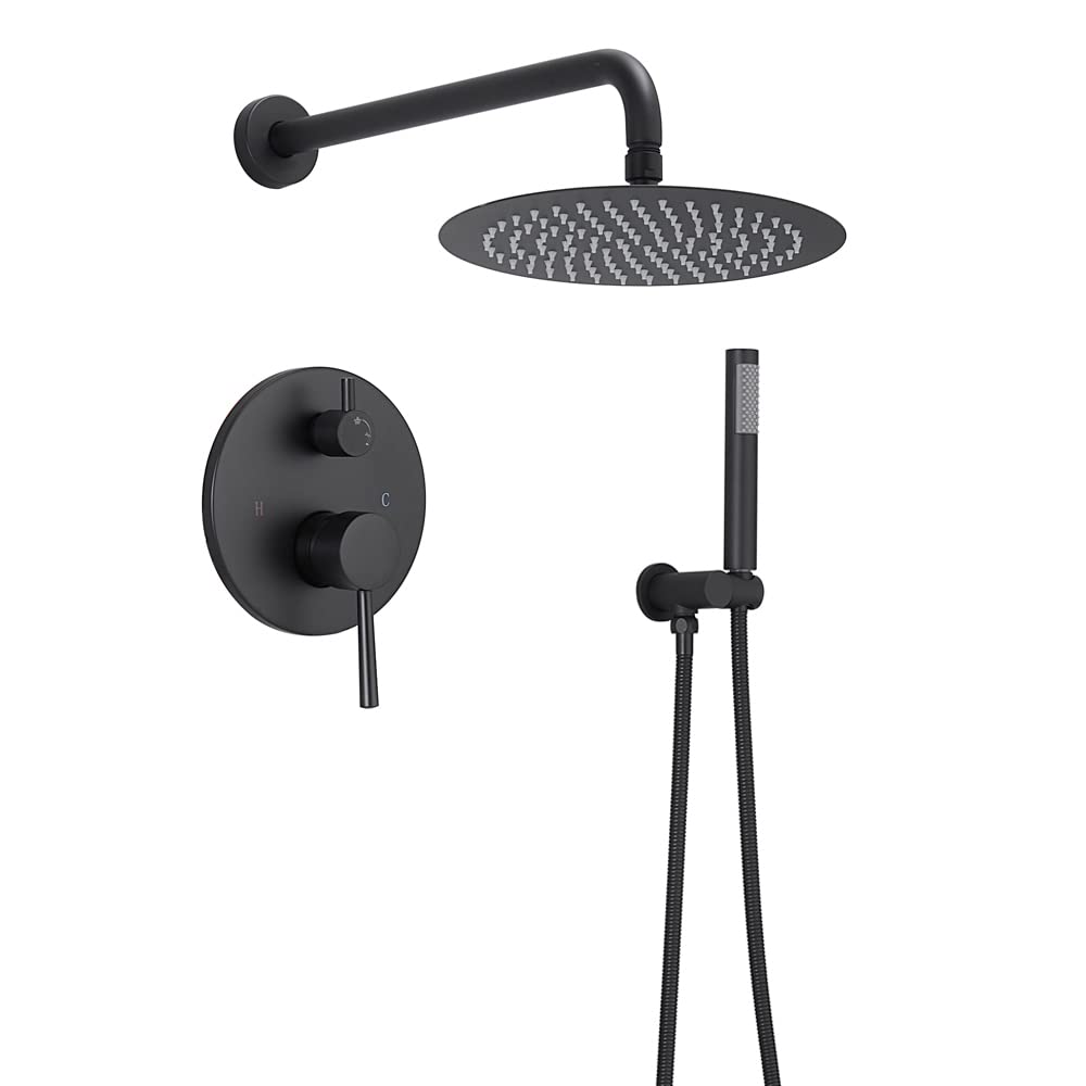 Luxury Matte Black Round Rainfall Shower Head with Handheld Sprayer - Complete Bathroom Shower System Set with Mixer Valve Trim Kit | Perfect for Spa-Like Experience in Modern Home Bathrooms