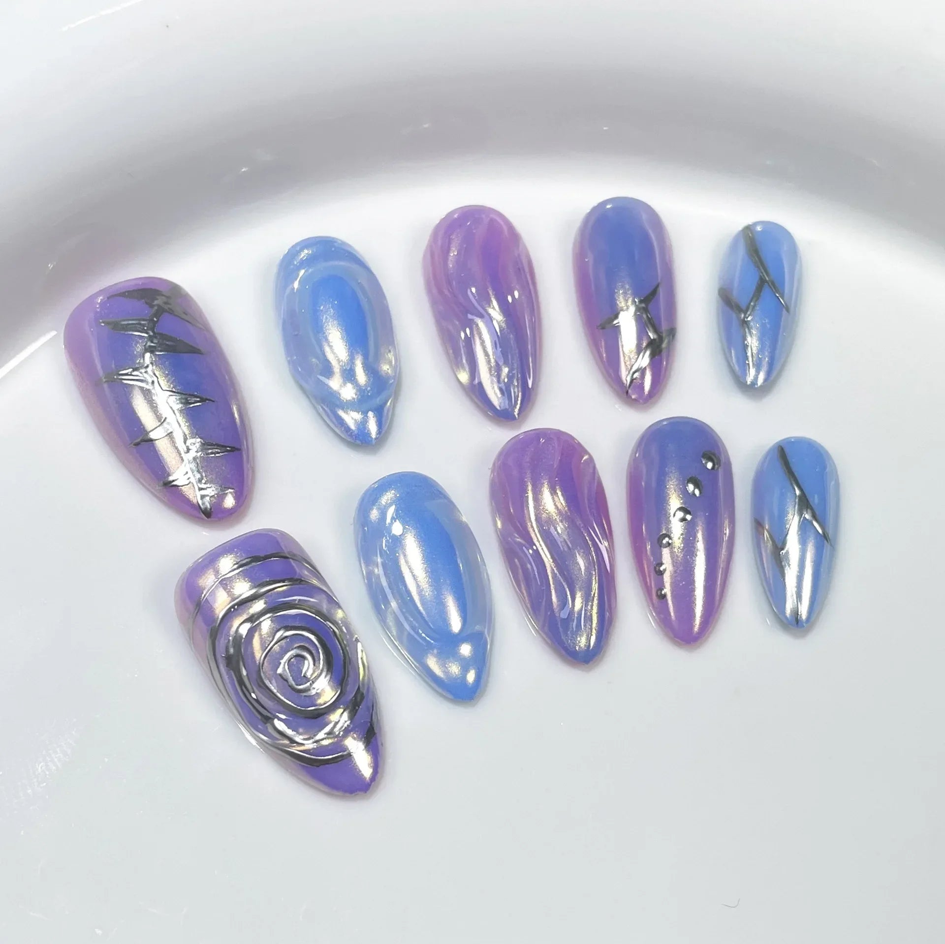 10Pcs Blue Handmade Almond Press on Nails - French Design with Rhinestones & Glitter | Full Cover Fake Nail Tips for Manicure | Perfect for Parties, Weddings, and Special Occasions