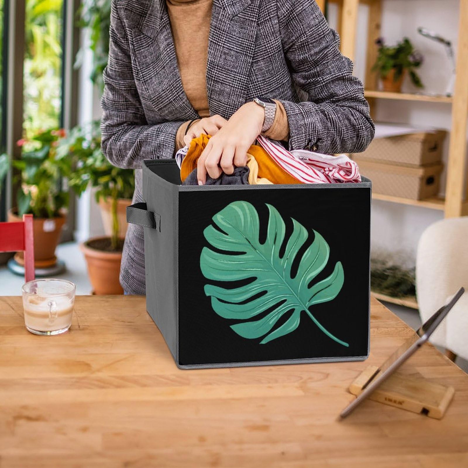 Tropical Leaves Storage Bins with Handles - Foldable Organizer for Home & Office