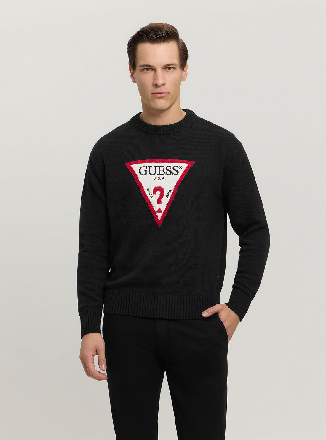 Guess Women's Black Triangle Knit Sweater - Soft Crewneck Pullover for Casual Wear & Fall Fashion