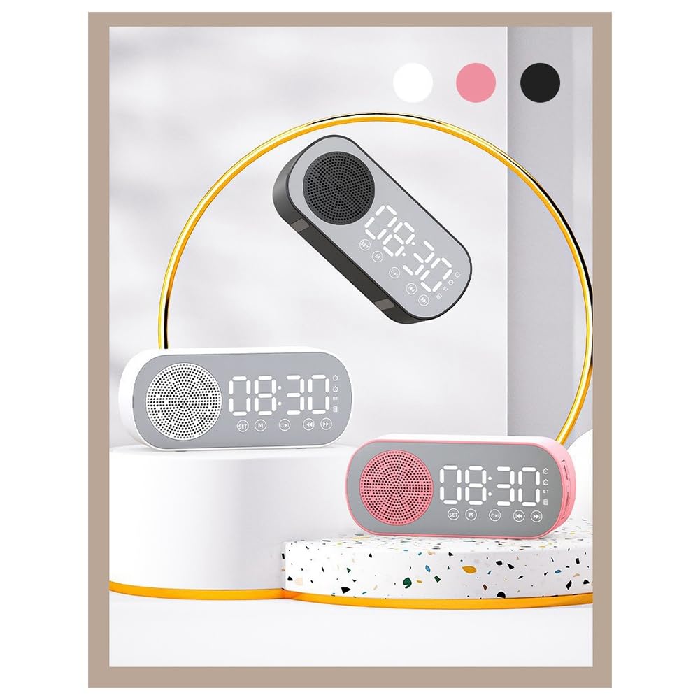 Wireless Bluetooth Speaker with Alarm Clock, FM Radio & TF Card Support - Portable Home & Office Speaker for Music, Podcasts & Wake-Up Calls - White