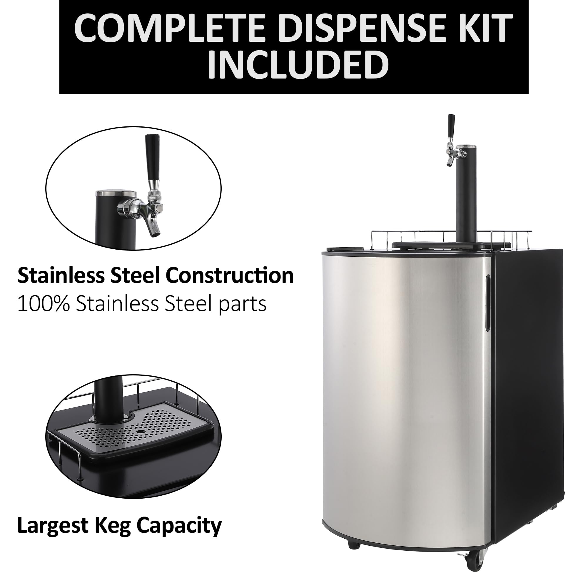 Commercial Beer Kegerator - Single Tap Draft Beer Dispenser with 128L Capacity, Stainless Steel Construction, Built-in Shelves & Drip Tray - Perfect for Home Bars, Restaurants, and Party Events