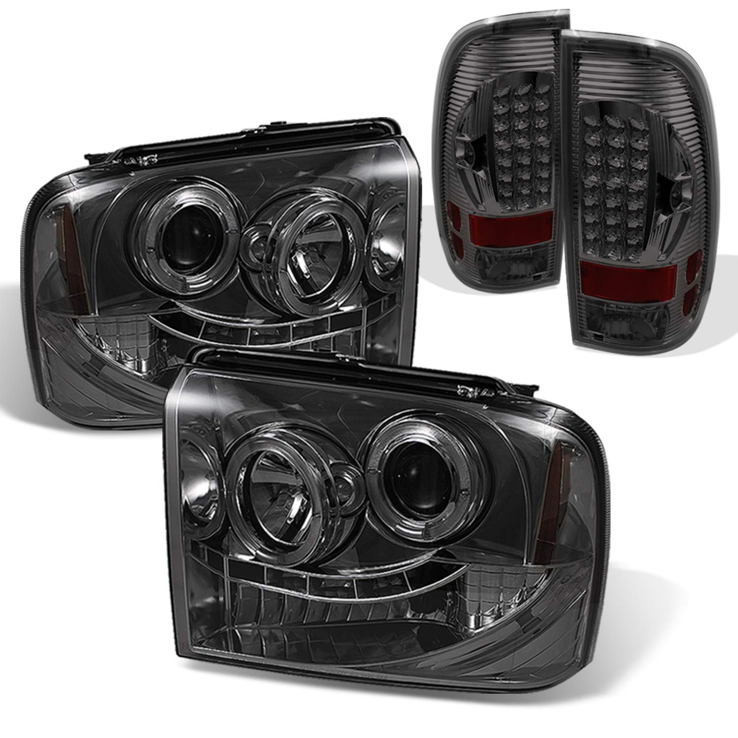 AKKON Smoked Dual Halo Ring LED Projector Headlights & LED Tail Lights for Ford F250 F350 F450 F550 Super Duty Trucks - Upgrade Your Night Driving & Off-Road Adventure