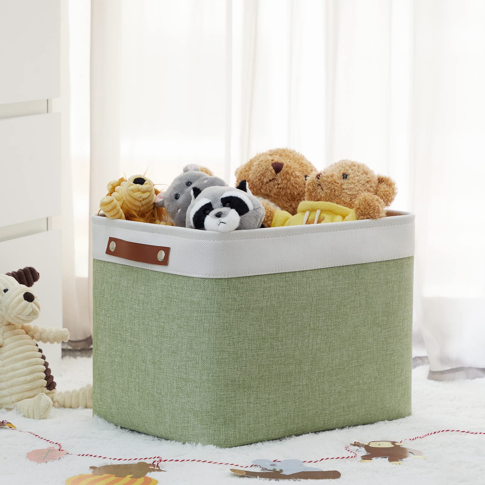 HNZIGE Large Fabric Storage Baskets with Leather Handles - 2 Pack Foldable Decorative Organizer Bins for Shelves, Toys, Closet & Home Organization (Green, 16