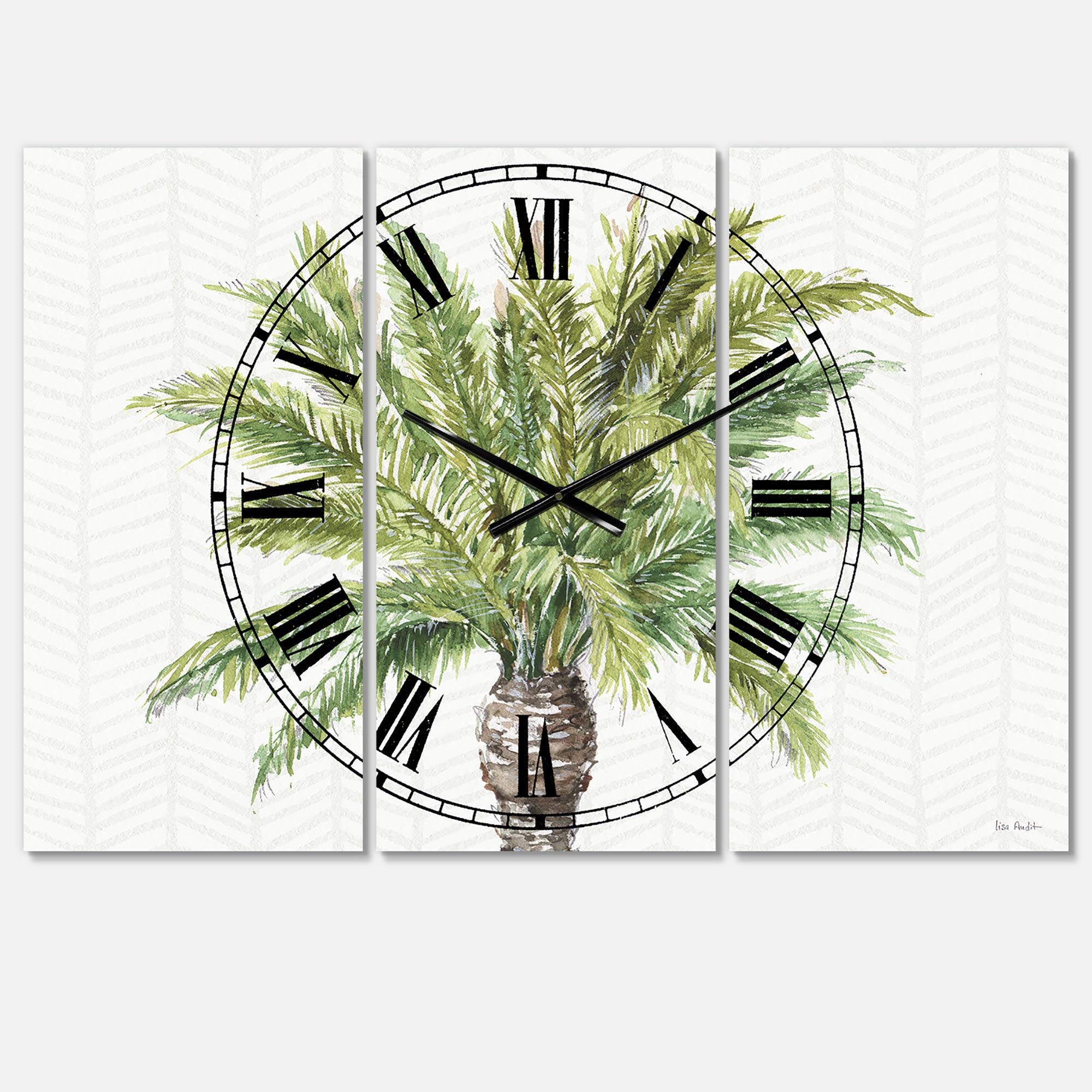 Designart Mixed Botanical Greens Palms IV Wall Art - Farmhouse Style 3 Panel Metal Wall Clock with Decorative Design for Home, Living Room, Bedroom & Office | Perfect for Rustic Decor, Housewarming Gifts & Wall Accents