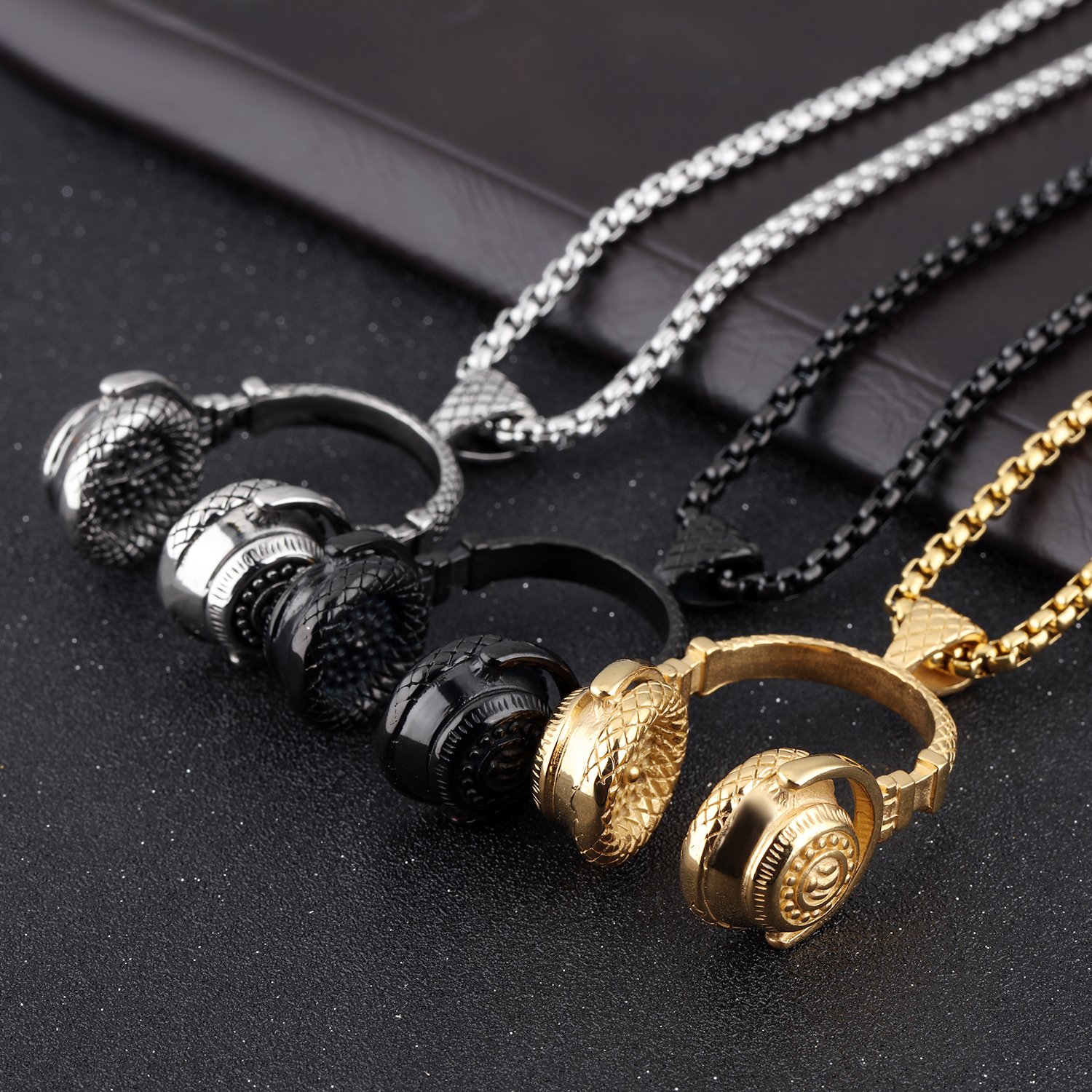 PAURO Men's Stainless Steel Music Headset DJ Headphone Pendant Necklace for Bikers - Gold, Black, Silver Options | Perfect Gift for DJs, Musicians & Motorcycle Enthusiasts