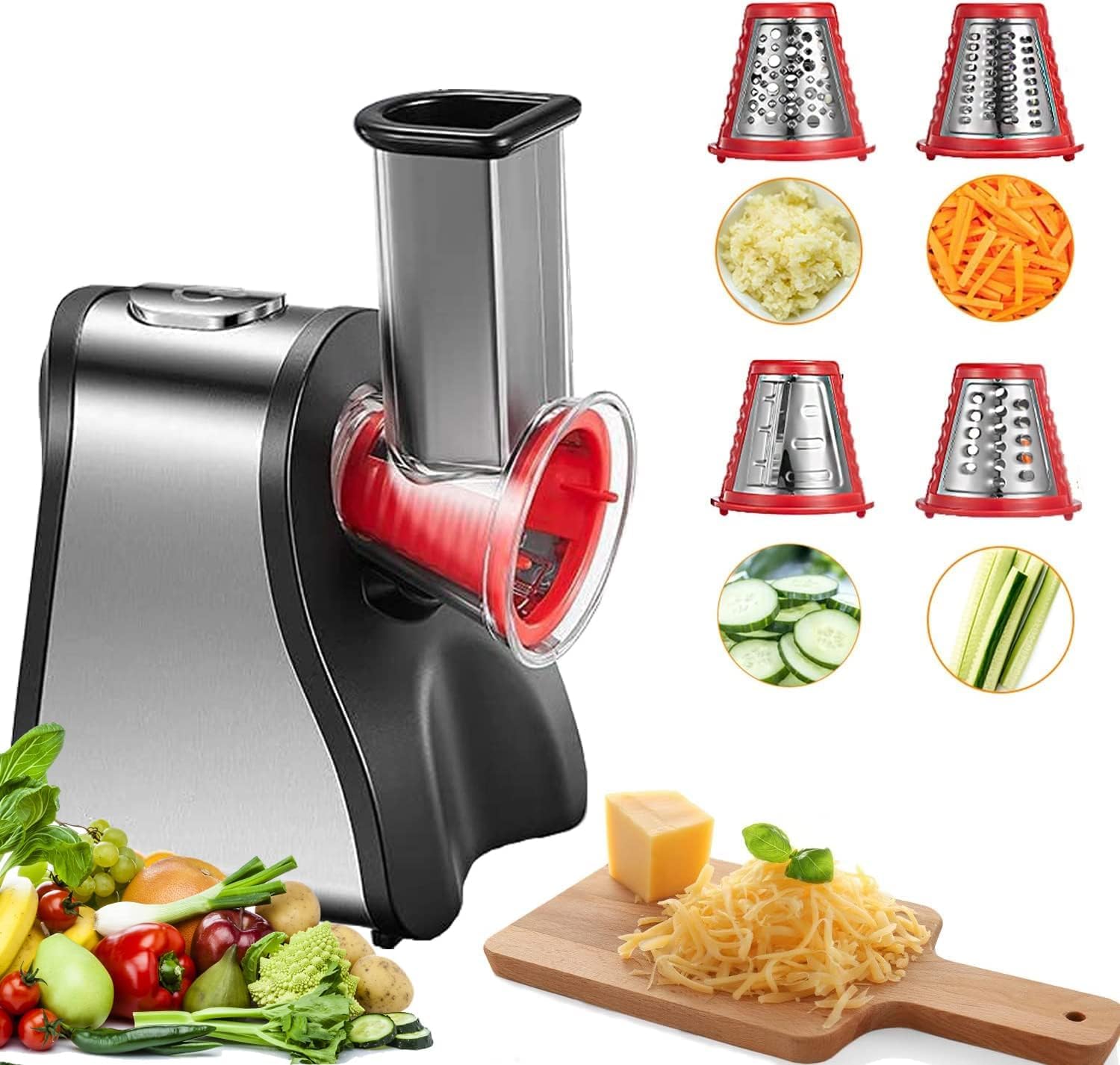 150W Electric Cheese Grater & Vegetable Shredder - 4 Interchangeable Cones for Cheese, Carrots, Cucumbers | Multi-Purpose Salad Maker & Food Processor for Kitchen, Party, Meal Prep