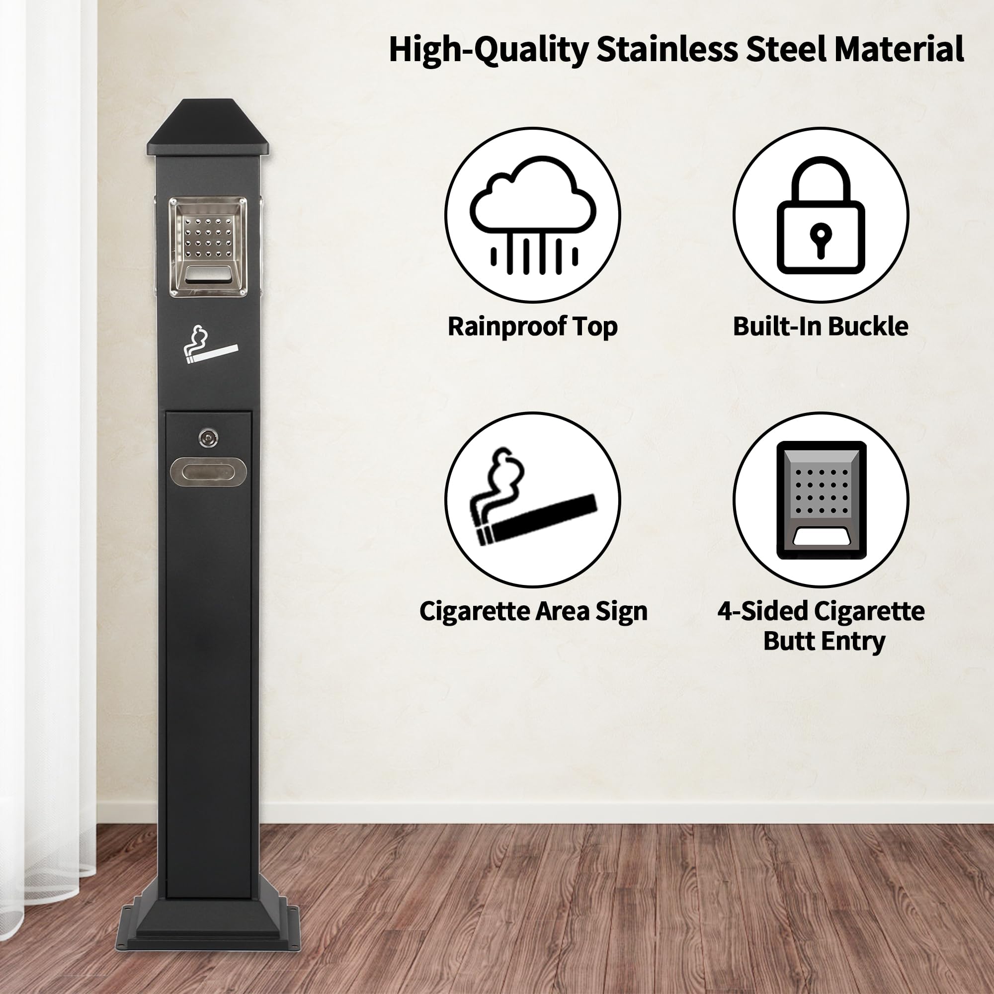 Heavy Duty Metal Ash Receptacle - Commercial Outdoor Vertical Trash Can for Patios, Gardens, Hotels, Pubs & Offices - Durable Black Butt Container for Cigarette Disposal & Waste Management
