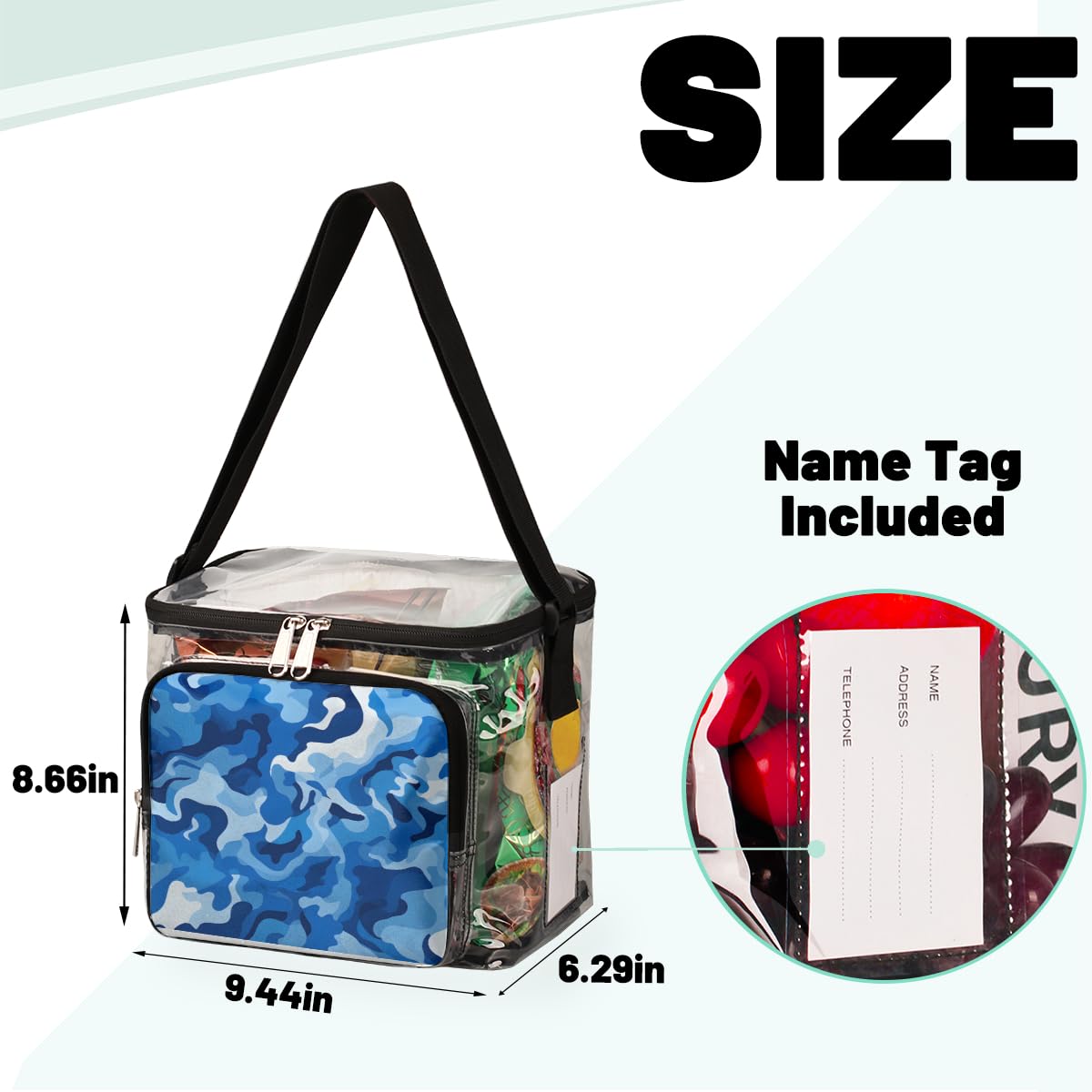 GzLeyigou Camouflage Blue Transparent Tote Bag with Handles - Abstract Camo Texture Clear Shoulder Bag for Women, Crossbody Lunch Bag | Perfect for Outdoor Travel, Picnics, Concerts, Sports Events & Stadium Approved