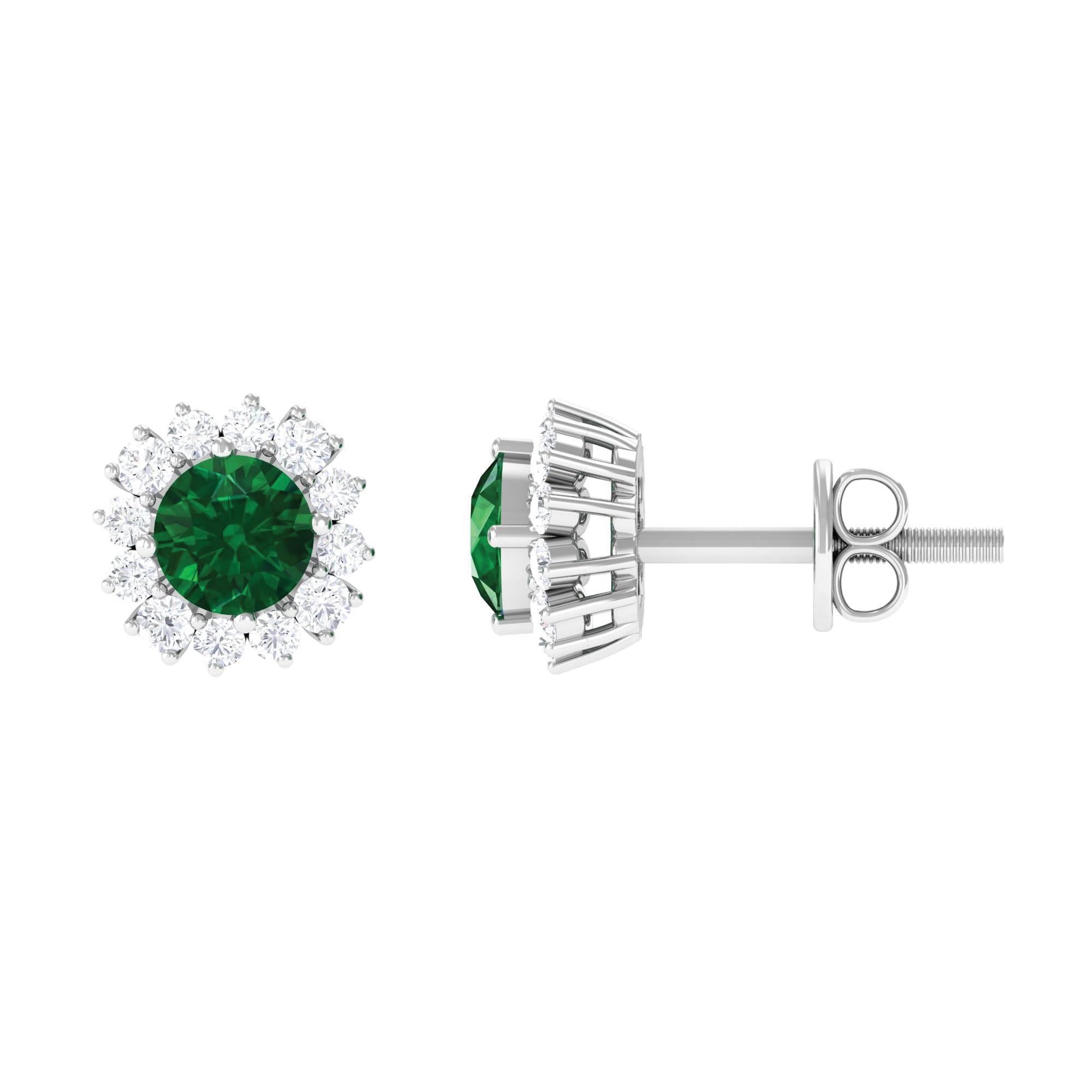 3/4 CT Classic Halo Stud Earrings with Created Emerald & Diamond - Perfect for Weddings, Anniversaries & Special Occasions