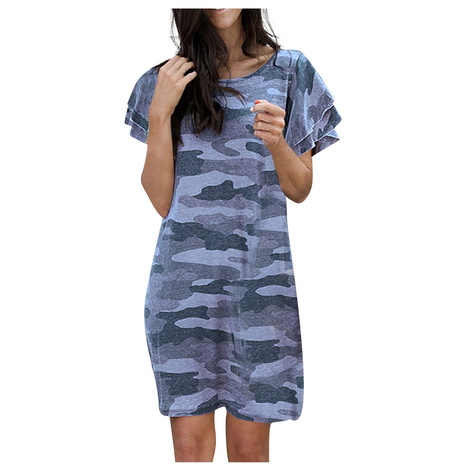 Women's Short Sleeve Camouflage Print T-Shirt Dress - Round Neck Loose Mini Dress for Casual Wear, Summer Outfits & Street Style Fashion