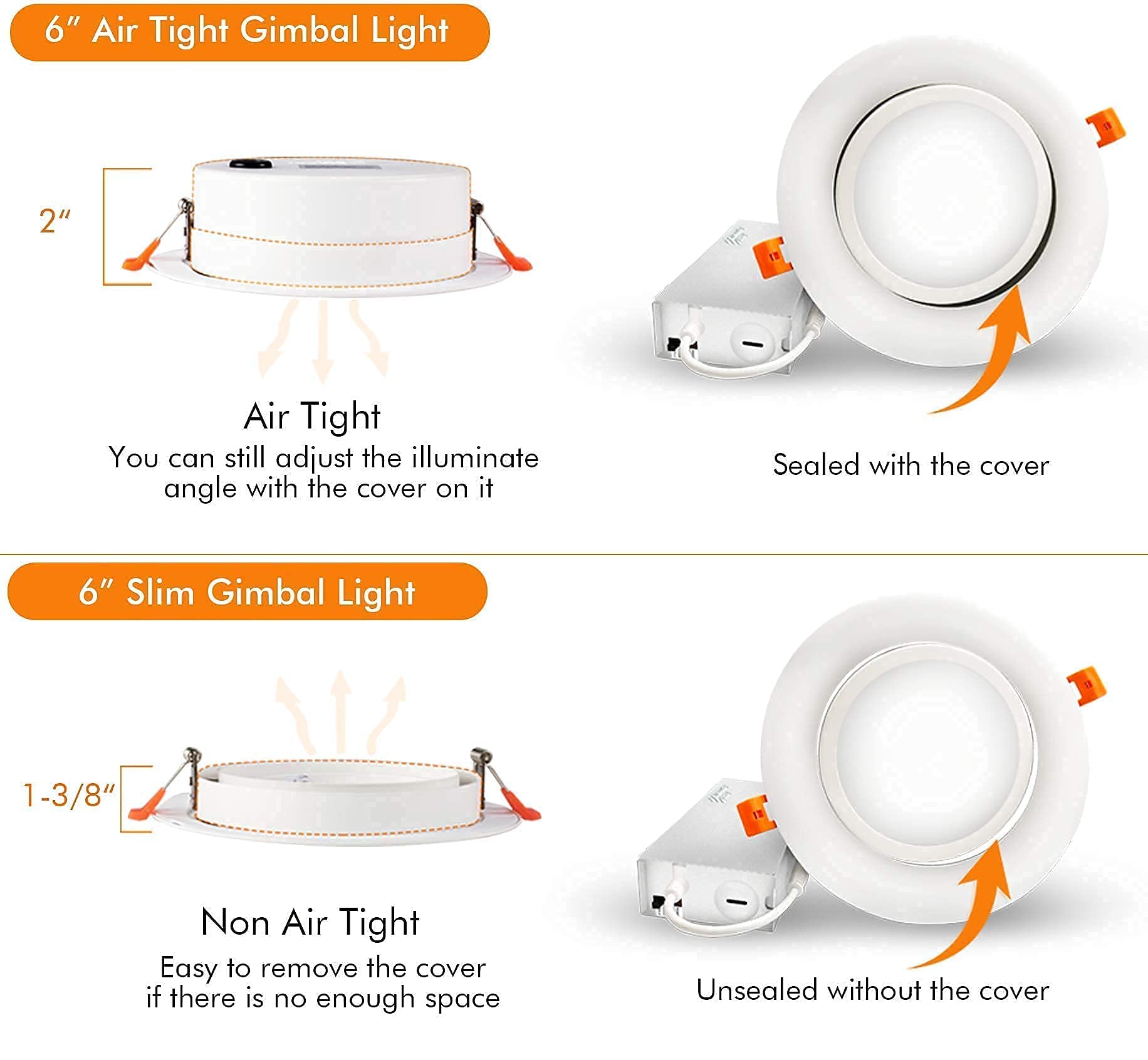 CLOUDY BAY 6 Inch 3-Color Temperature Recessed LED Lights (6 Pack) & 5-Color Adjustable Gimbal Recessed Lights (4 Pack) Combo - Perfect for Living Room, Bedroom, and Kitchen Lighting