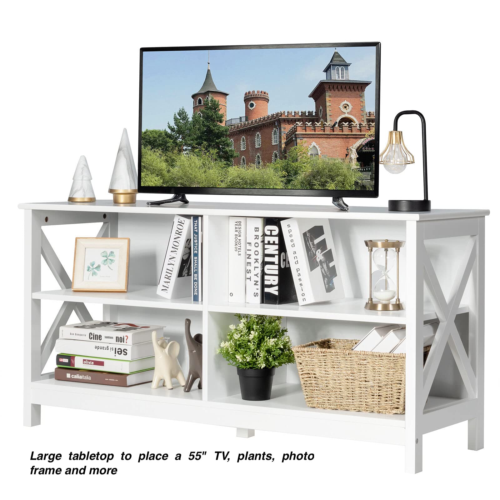 White TV Stand Entertainment Center with 4 Open Shelves - Holds DVD Player, Gaming Console, Cable Box, Books & Plants - Wire Management Holes & Large Tabletop Fits 55