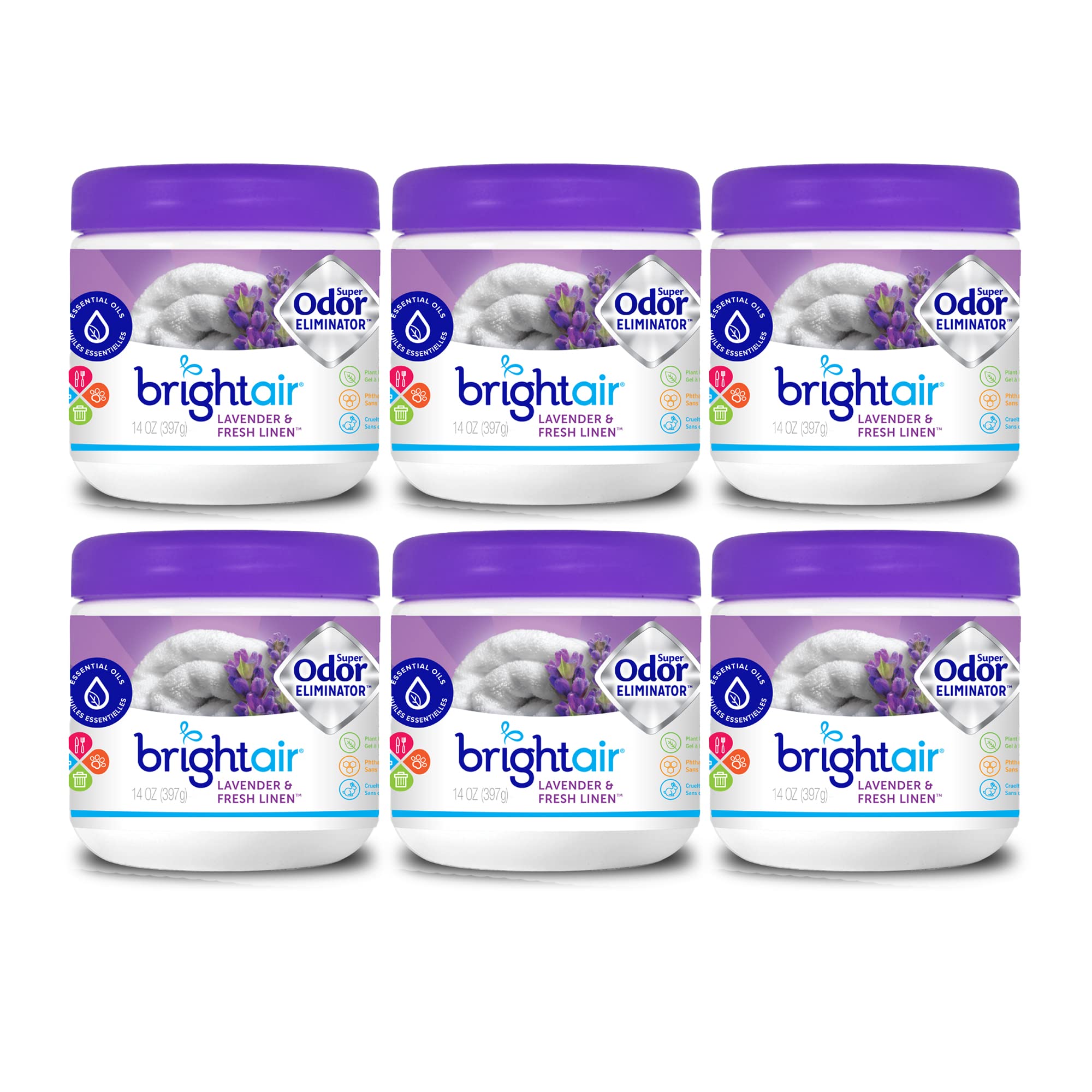 Bright Air Solid Air Freshener & Odor Eliminator - Lavender & Fresh Linen Scent (14oz, 6-Pack) | Long-Lasting Home & Car Freshener for Bathroom, Office, Closet & Pet Areas