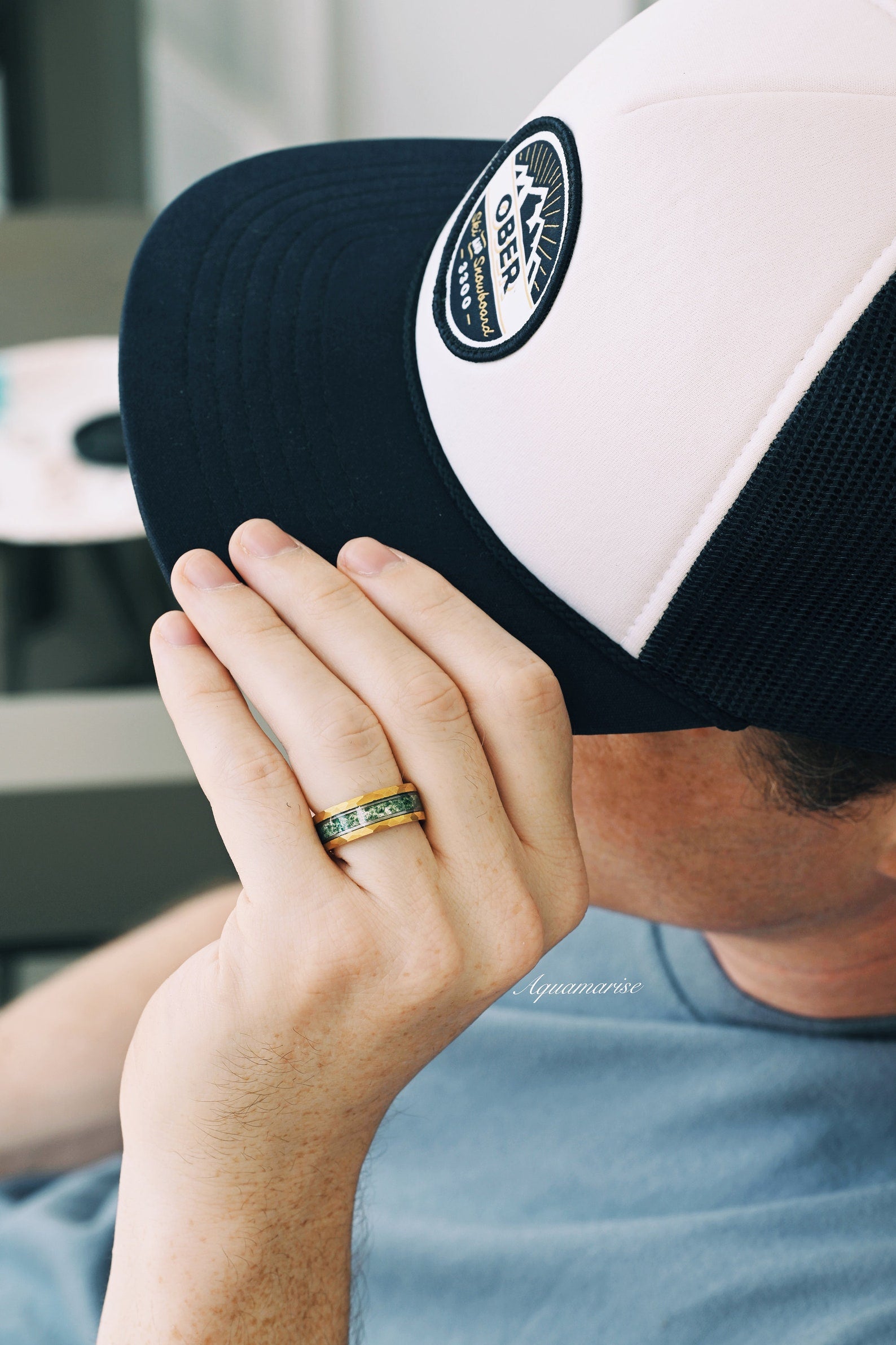 8MM Gold Tungsten Moss Agate Wedding Band for Men & Women – Durable & Elegant Ring for Engagement, Anniversary, or Everyday Wear