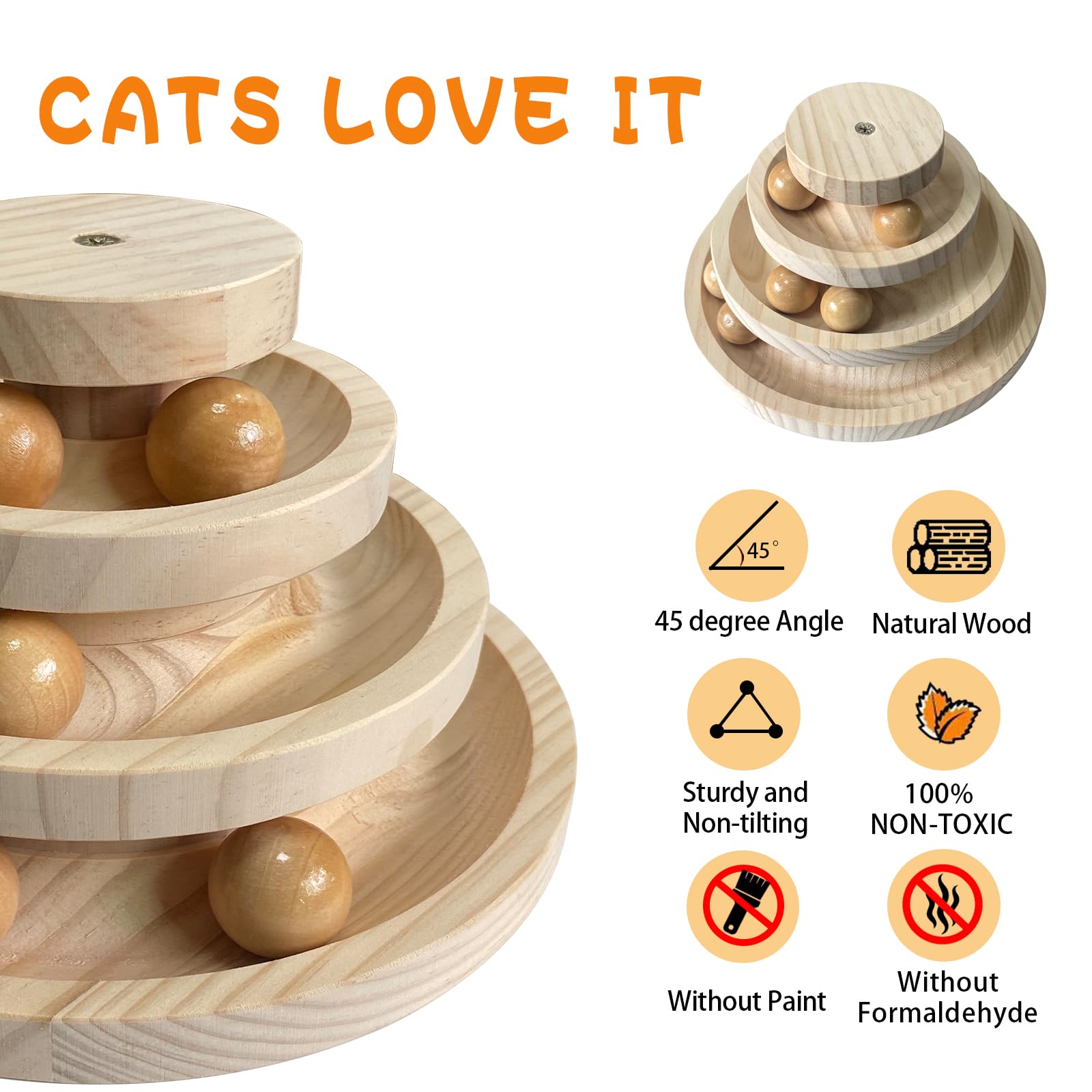 Interactive Cat Ball Track Toy - 3-Layer Wooden Maze with 6 Smooth Balls for Indoor Cats | Fun Exercise & Mental Stimulation Toy | No Assembly Required (Pine Wood) | Perfect for Playtime, Boredom Relief & Keeping Cats Active