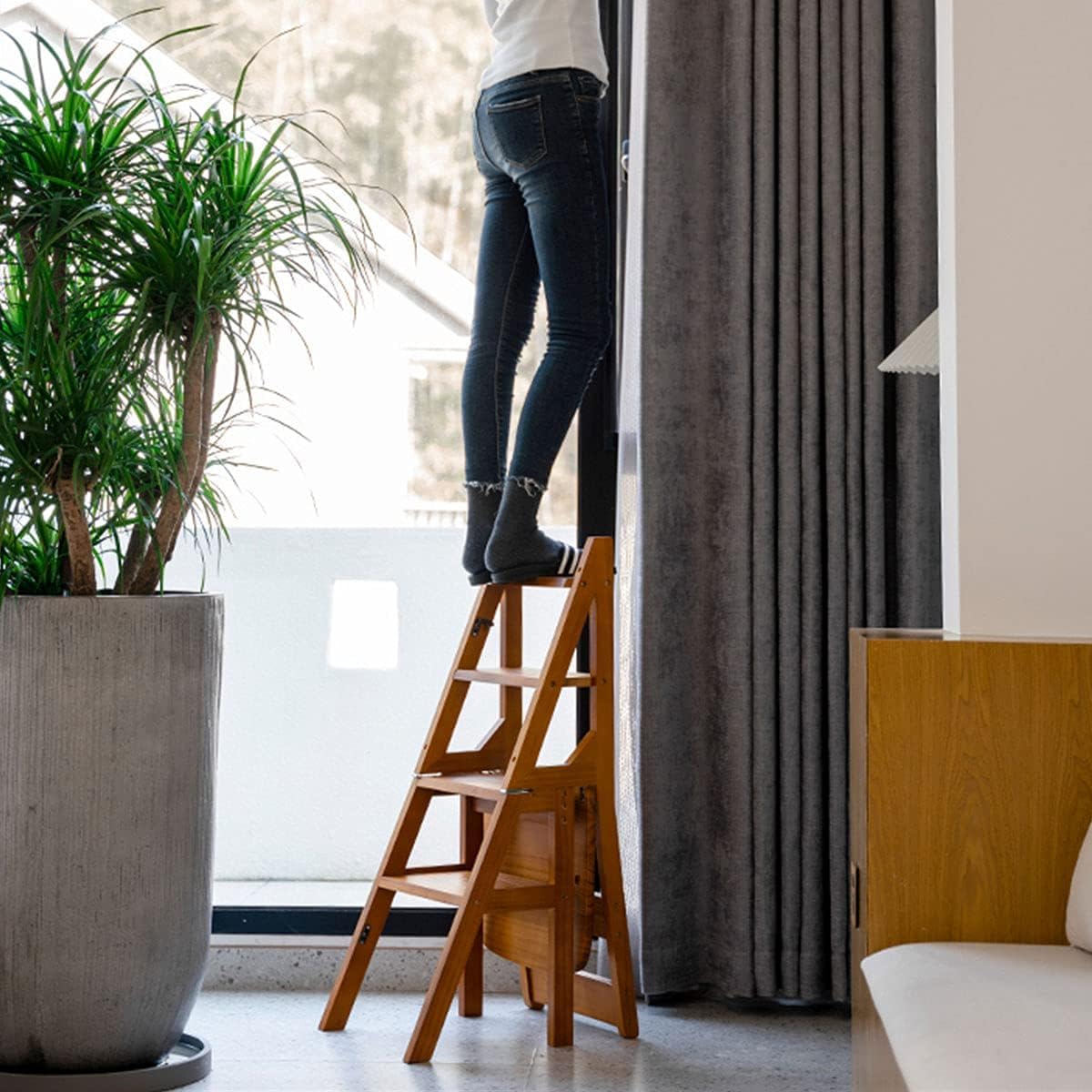 4 Tier Folding Step Ladder - 3-in-1 Wooden Folding Ladder Chair with 265 lbs Capacity - Portable Multi-Function Step Stool for Indoor & Outdoor Use - Perfect as Display Rack, Flower Stand, Kitchen Helper, Library Stool & Home Decor (Light Walnut)