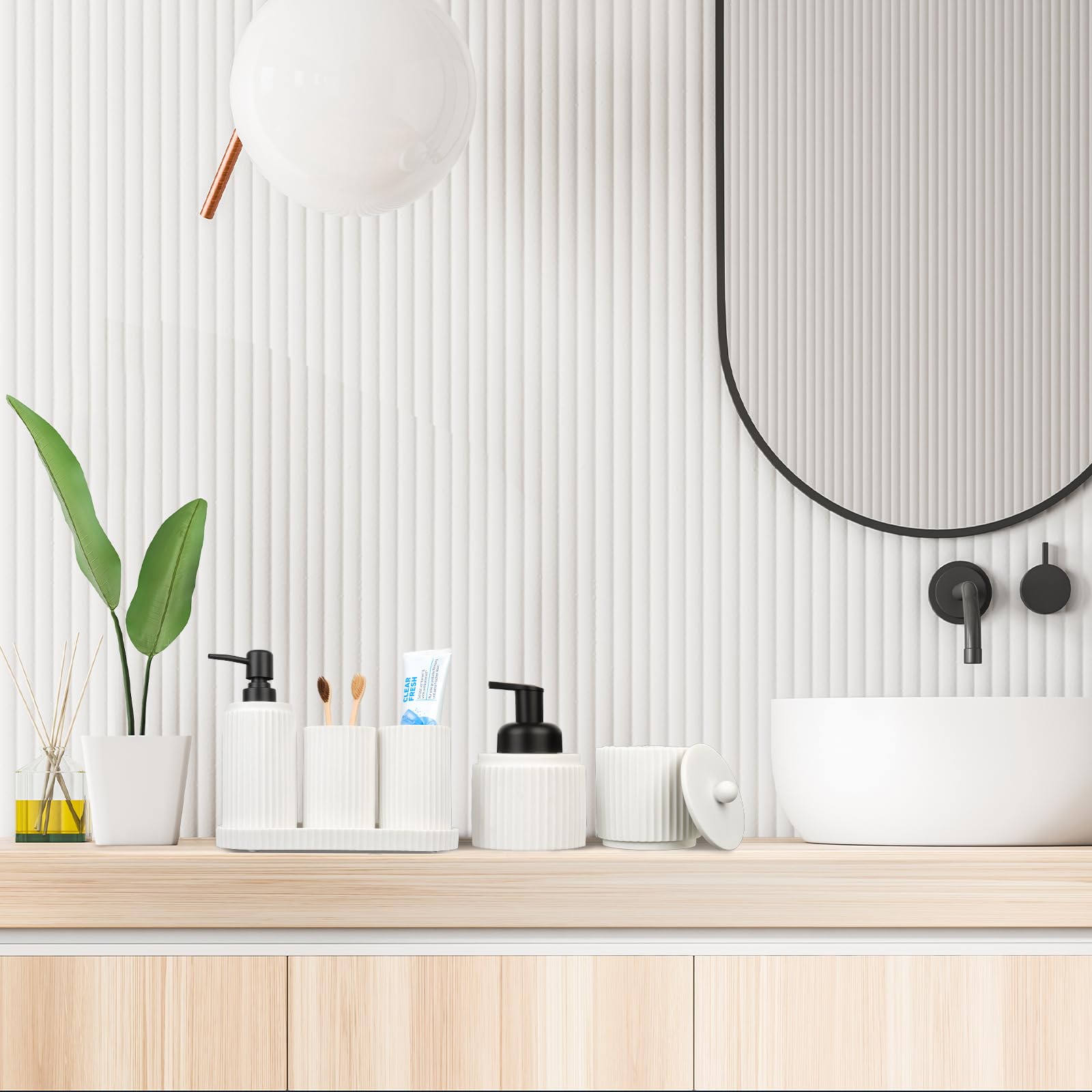 6-Piece White Bathroom Accessory Set - Toothbrush Holder, Soap Dispenser, Vanity Tray, Tumbler & Organizer | Modern Countertop Storage for Bathroom, Guest Room & Spa Decor