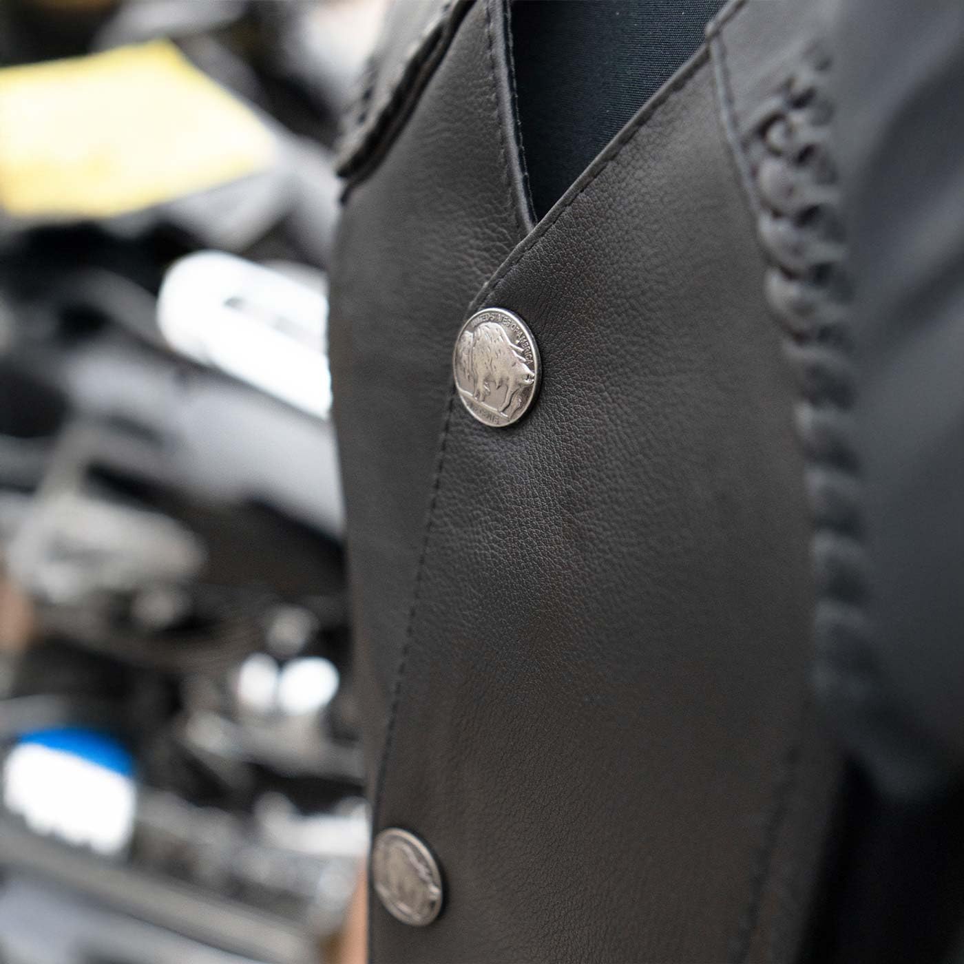 Black Heavyweight Leather Vest with Braided Detail for Men - Premium Biker Jacket for Motorcycle Riding & Outdoor Adventures
