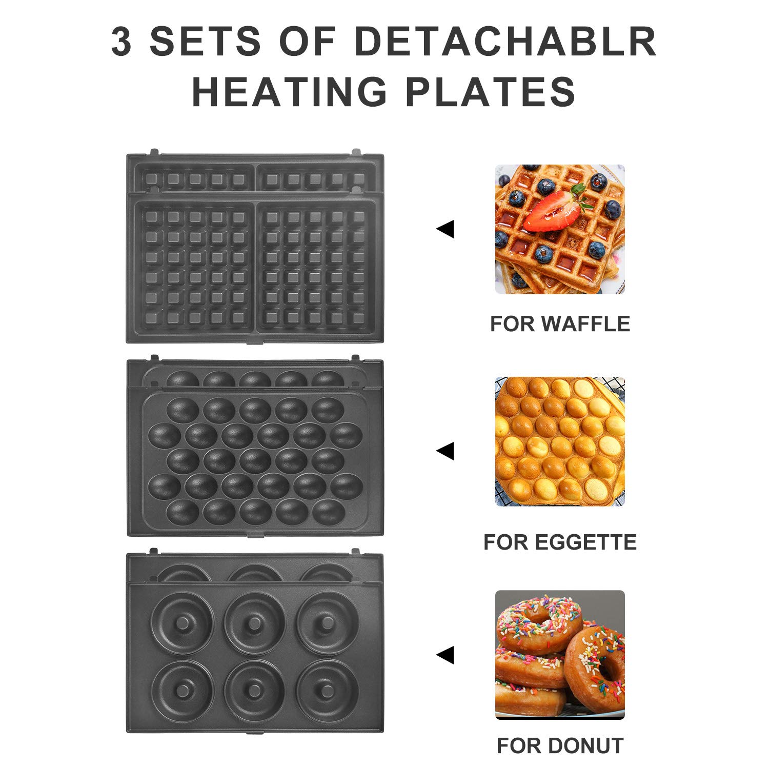 3 Interchangeable Baking Plates for Donut, Waffle & Eggette Maker - Non-Stick Electric Griddle for Breakfast, Desserts & Snacks - Perfect for Home, Parties & Cafes