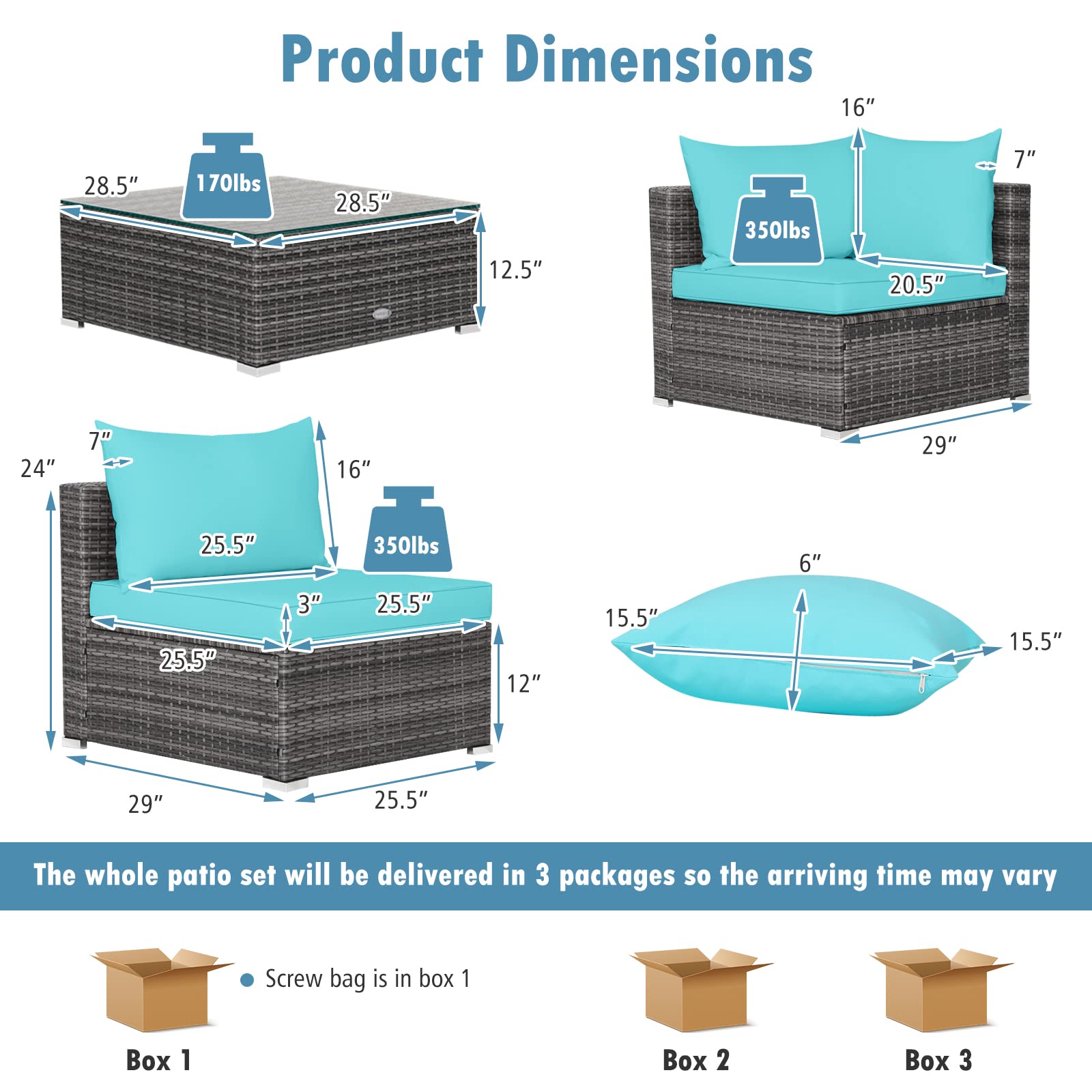 **Tangkula 7-Piece All-Weather Outdoor Patio Furniture Set - Rattan Sectional Sofa with Cushions & Tempered Glass Coffee Table - Perfect for Garden, Lawn, Backyard, Poolside (Turquoise Blue)**