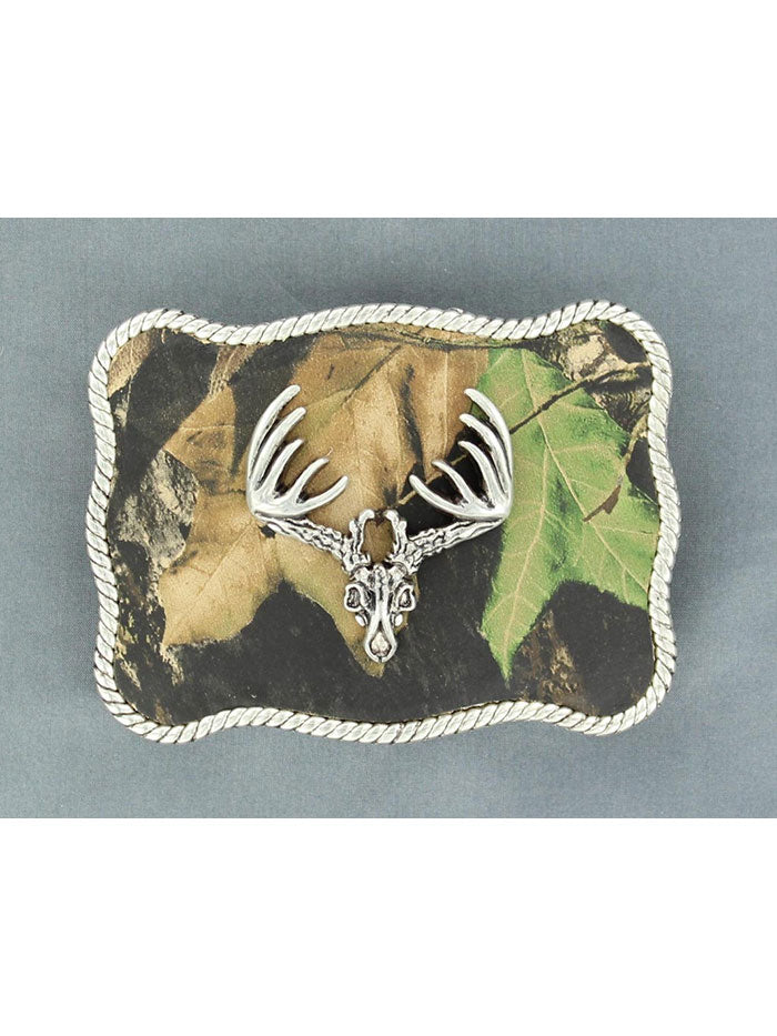 Nocona 37958 Men's Scalloped Rectangle Mossy Oak Buck Skull Belt Buckle - Western Style Accessory for Cowboy Boots & Jeans Outfits