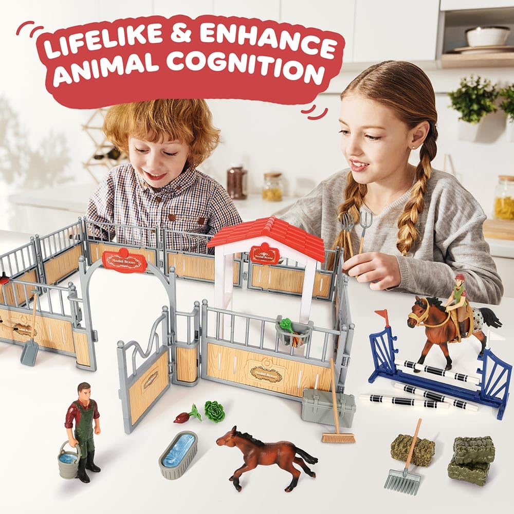 **Premium Horse Stable Playset with Rider & Farm Animals - Wooden Barn Toy Set for Kids Ages 3-10 | Pretend Play, Educational Gift for Boys & Girls | Perfect for Birthday, Farm-Themed Play & Imaginative Learning**