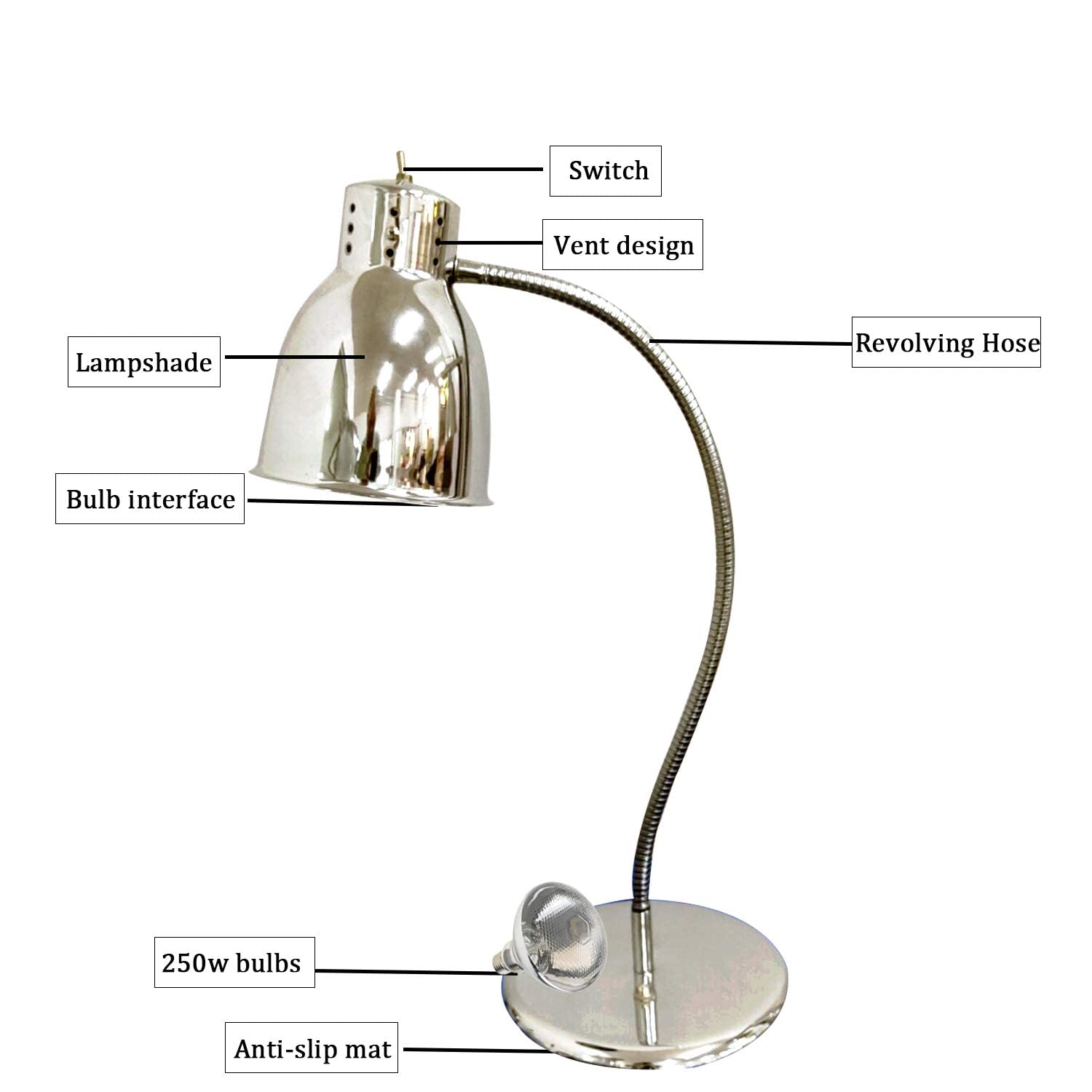 Commercial Food Heat Lamp with Bulb - 300W Stainless Steel Warming Light for Buffet, Catering, Restaurants & Parties - Keeps Fried Chicken, Pizza & BBQ Hot (Silver, Single Head) - Perfect for Food Displays, Events & Outdoor Dining