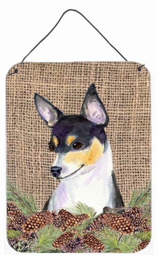 Fox Terrier Metal Wall Art Sign - 12x16 Inches Faux Burlap with Pine Cones Design - Rustic Home Decor for Kitchen, Bathroom, Bar, Front Door - Durable Aluminum Hanging Plaque for Indoor & Outdoor Use