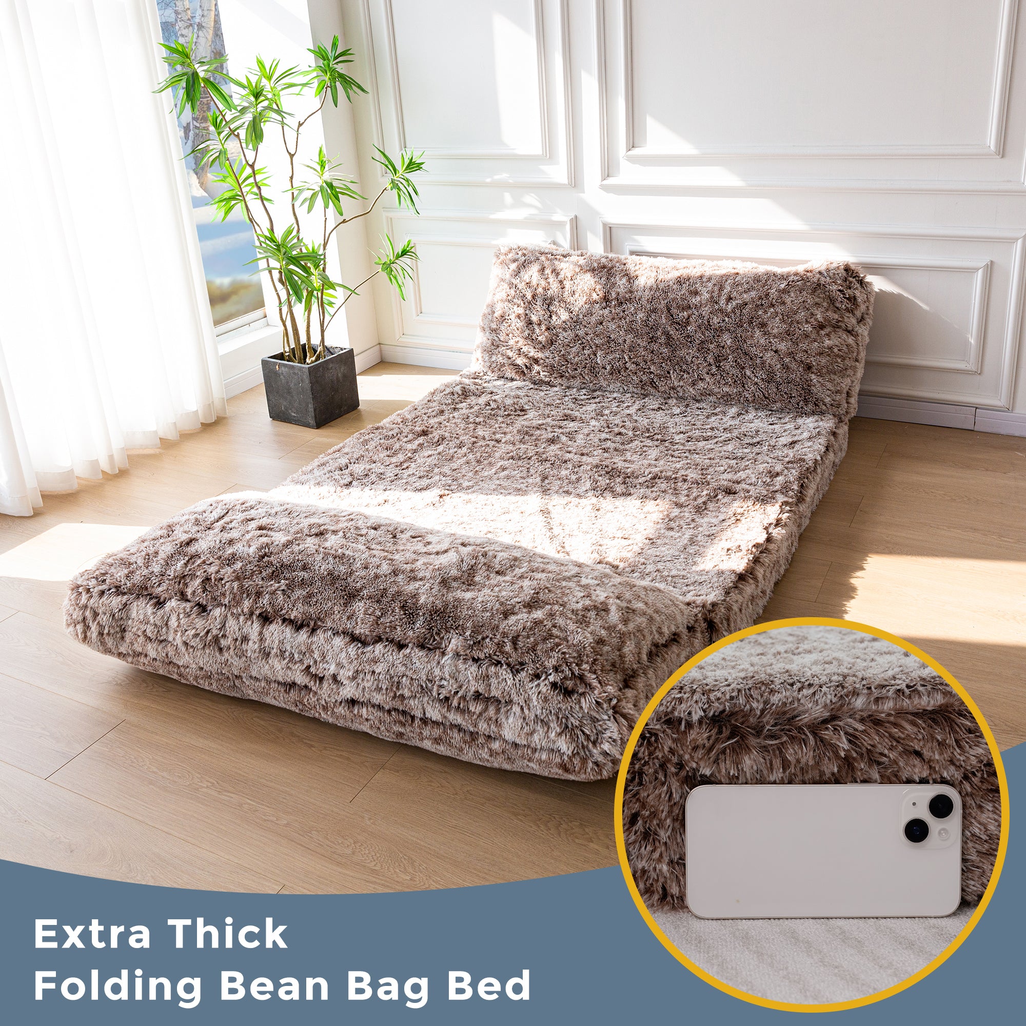 MAXYOYO Folding Bean Bag Sofa Bed - Soft Faux Fur Floor Chair with Foam Filling, Convertible Wall Couch Sleeper for Living Room, Bedroom & Dorm | Perfect for Lounging, Gaming & Extra Guest Sleeping