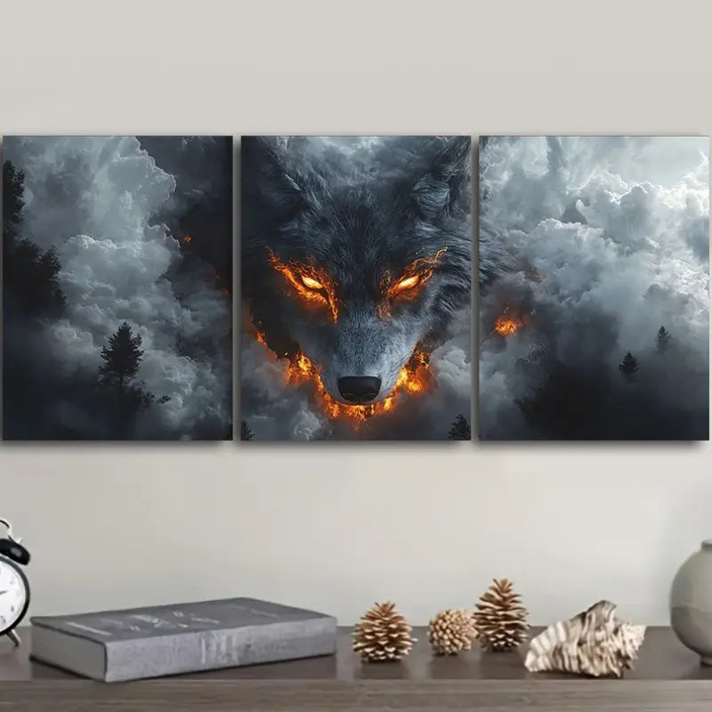 3pcs White Wolf with Fiery Eyes Metal Wall Art - Ready to Hang Home Decor for Living Room, Bedroom & Office - Wolf Lover Gift & Nature Themed Interior Design