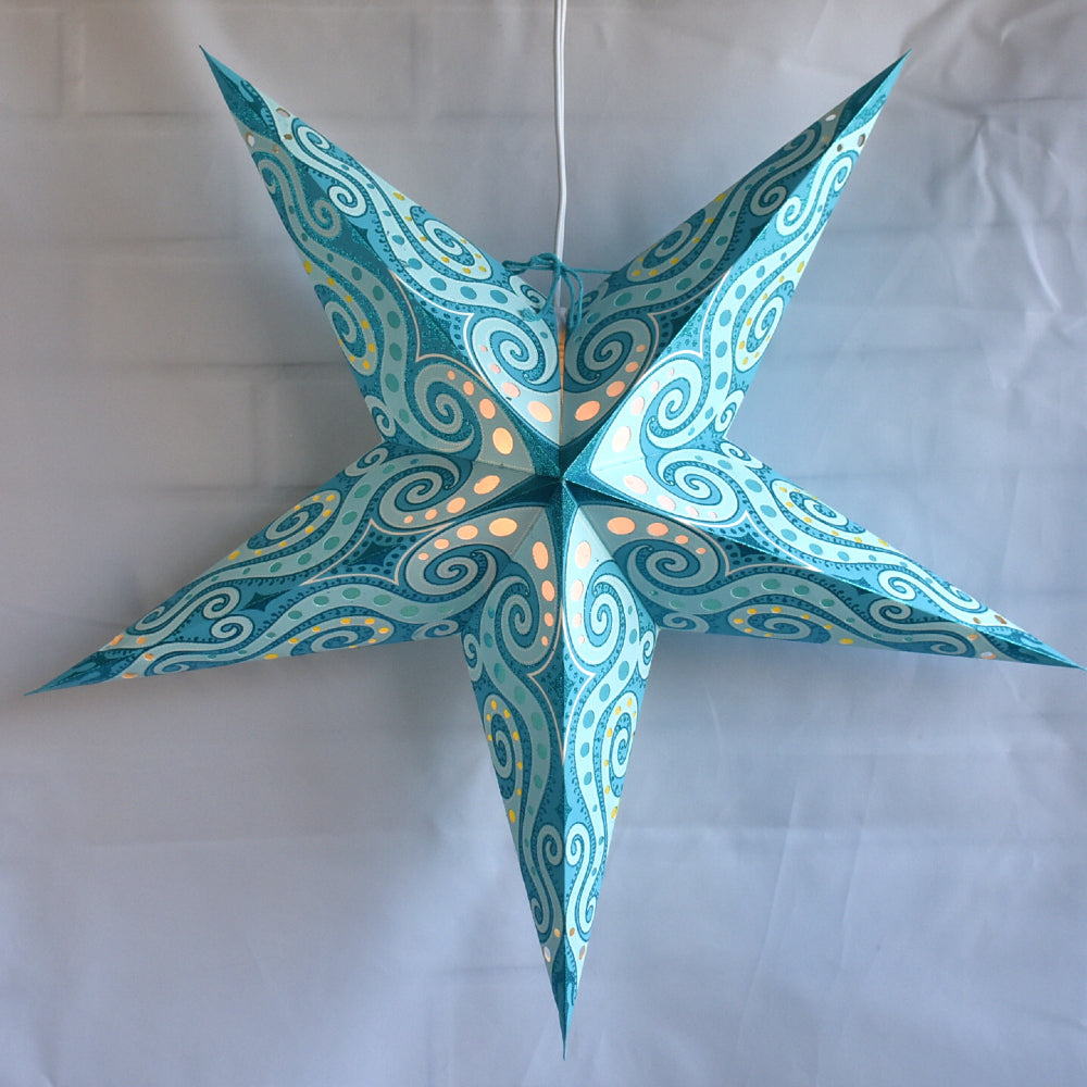24 Pack Green Sea Foam Mouri Blue Glitter Paper Star Lanterns - Hanging Party Decorations for Wedding, Baby Shower & Home Decoration