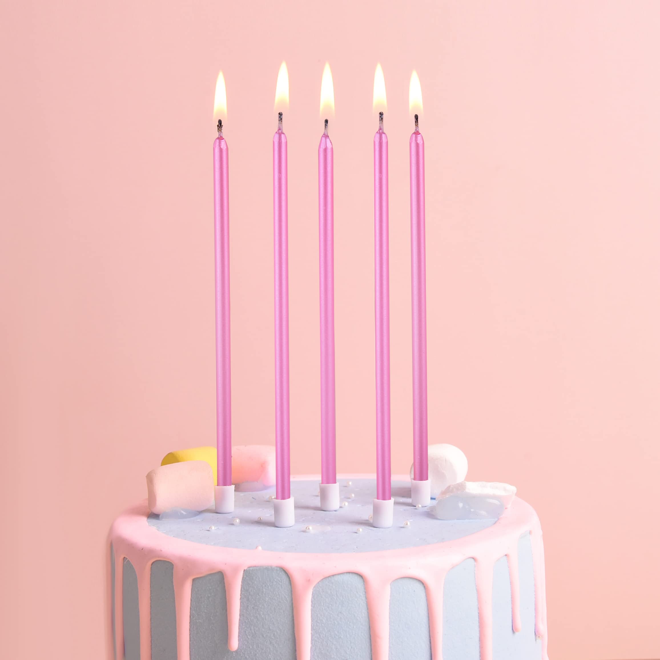 PHD CAKE Pink Long Thin Metallic Birthday Candles - Elegant Cake Candles for Birthday Parties, Wedding Decorations & Special Events - Perfect for Cakes, Cupcakes & Dessert Tables