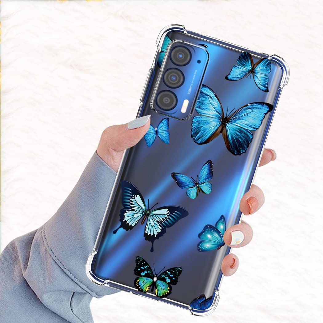 Shockproof Clear TPU Phone Case for Moto Edge 2021/5G UW/G Power 2022 - Cute Blue Butterfly Pattern Slim Protective Cover | Durable Soft Rubber Back for Motorola Edge 2021 - Perfect for Daily Use, Work & Travel Protection