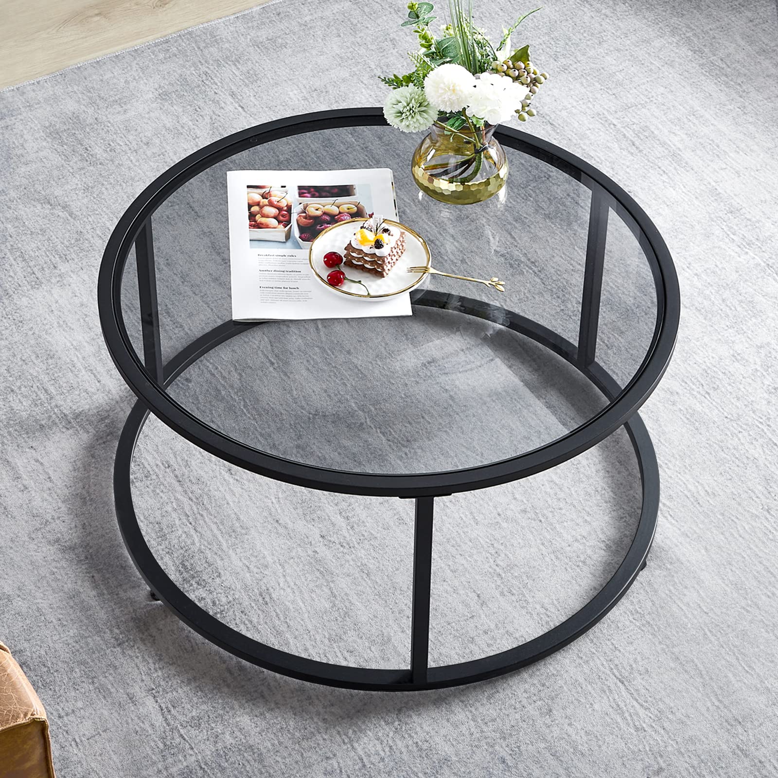 SAYGOER Modern Glass Coffee Table with Storage Shelf - Round Living Room Center Table for Small Spaces | Perfect for Apartments, Lounges & Home Decor