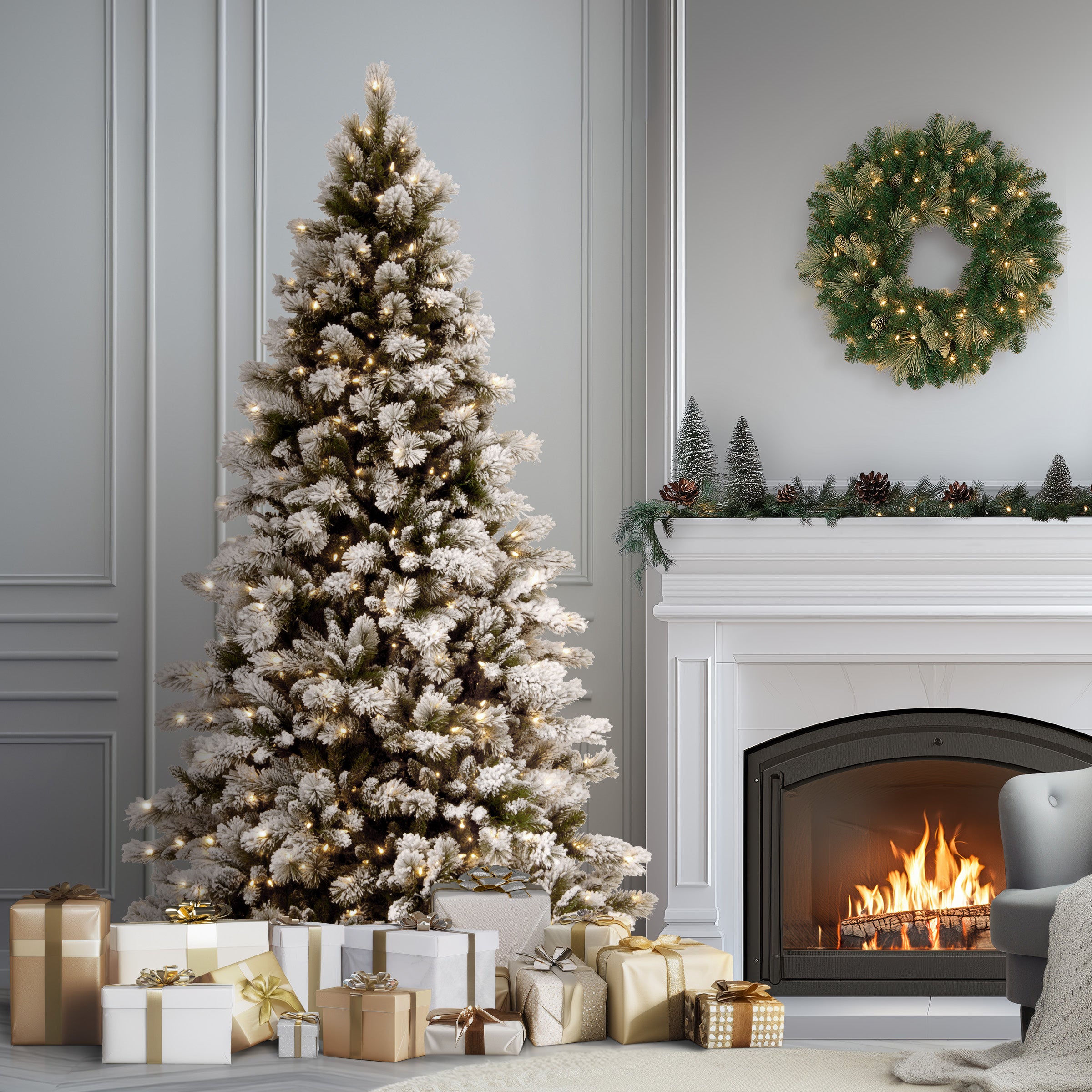 7.5 ft Pre-Lit Snowy Westwood Pine Artificial Christmas Tree with Clear Lights - Perfect for Living Room, Office, and Holiday Decorations