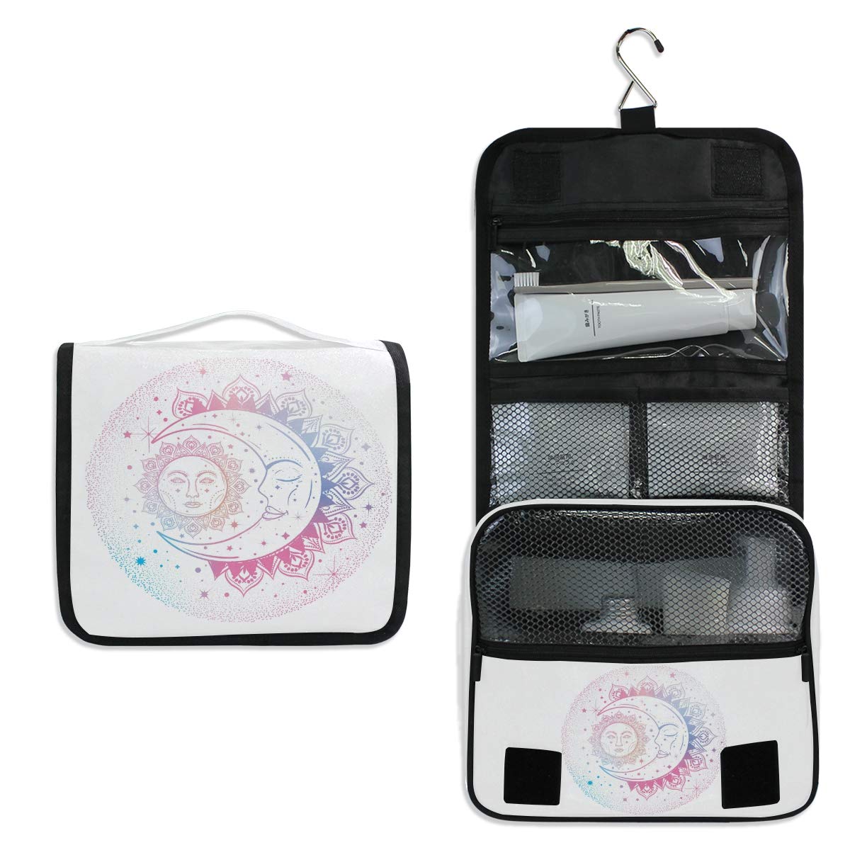 AGONA Hanging Toiletry Bag - Waterproof Travel Cosmetic Organizer for Women & Men, Ethnic Mandala Design with Crescent Moon, Portable Makeup Pouch with Sturdy Hook - Perfect for Bathroom, Gym, Camping & Vacation Travel Accessories