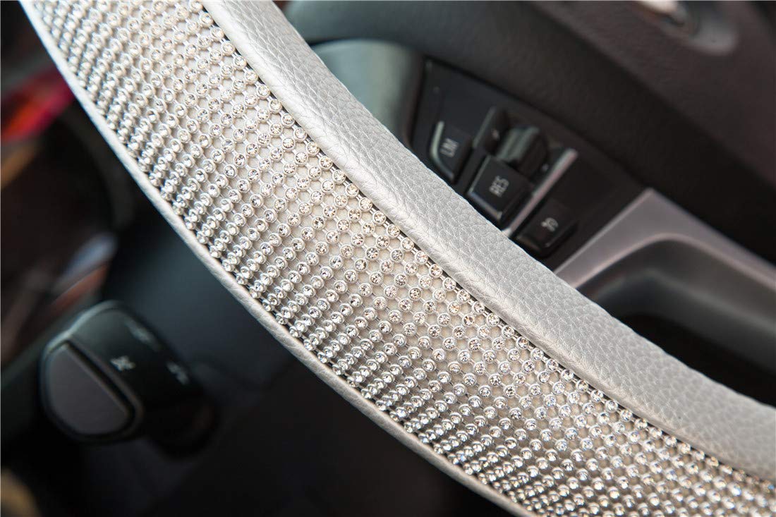 Diamond Leather Steering Wheel Cover with Crystal Rhinestones - Universal Fit 15 Inch Car Wheel Protector for Women & Girls (Silver) - Luxury Car Accessory for Daily Driving & Gift Giving