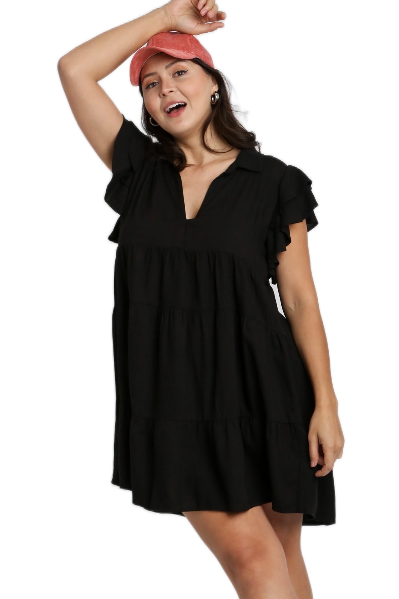 Umgee Women's Linen Blend Split Neck Ruffle Sleeves Tiered Dress - Casual Summer Boho Style for Beach, Vacation & Date Night