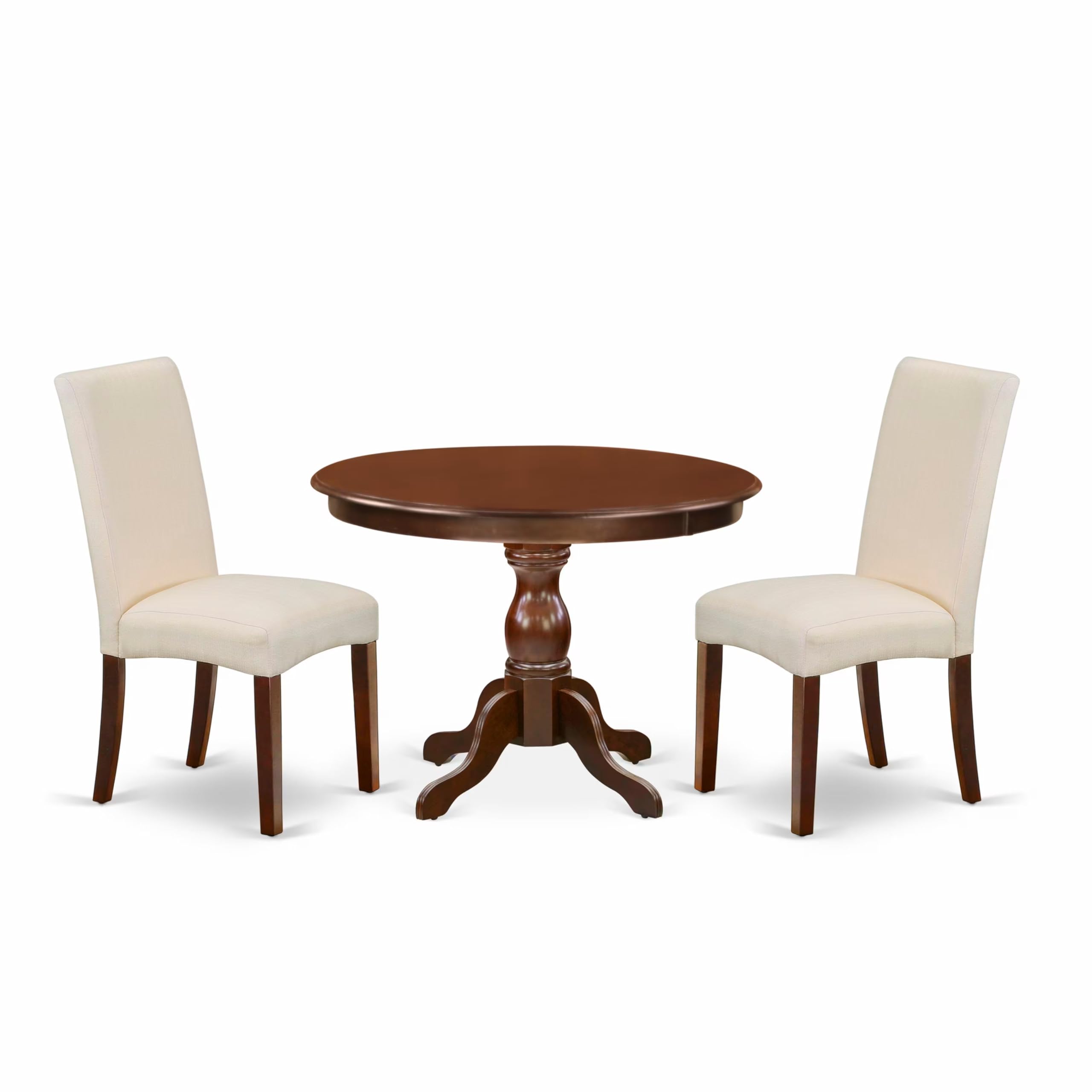 East West Furniture HBDR3-MAH-01 3-Piece Round Dining Table Set with Pedestal Base & 2 Cream Linen Upholstered Chairs, 42x42 Inch, Mahogany - Perfect for Small Spaces, Breakfast Nooks & Cozy Apartment Dining Rooms