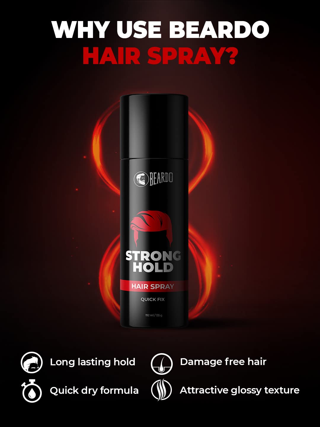Beardo Strong Hold Hair Spray for Men - 192ml | Long Lasting Hair Styling & Setting Spray with Natural Shine | Perfect for Daily Use, Special Occasions & Professional Styling