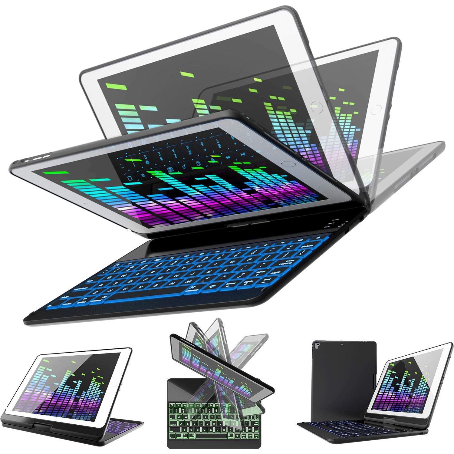 YEKBEE Bluetooth Keyboard Case for iPad 2018 (6th Gen)/2017 (5th Gen)/Pro 9.7/Air 2 & 1 - Slim 360° Rotating Backlit Keyboard with 7 Color LED - Perfect for Work, Study & Travel (9.7 Inch, Black)