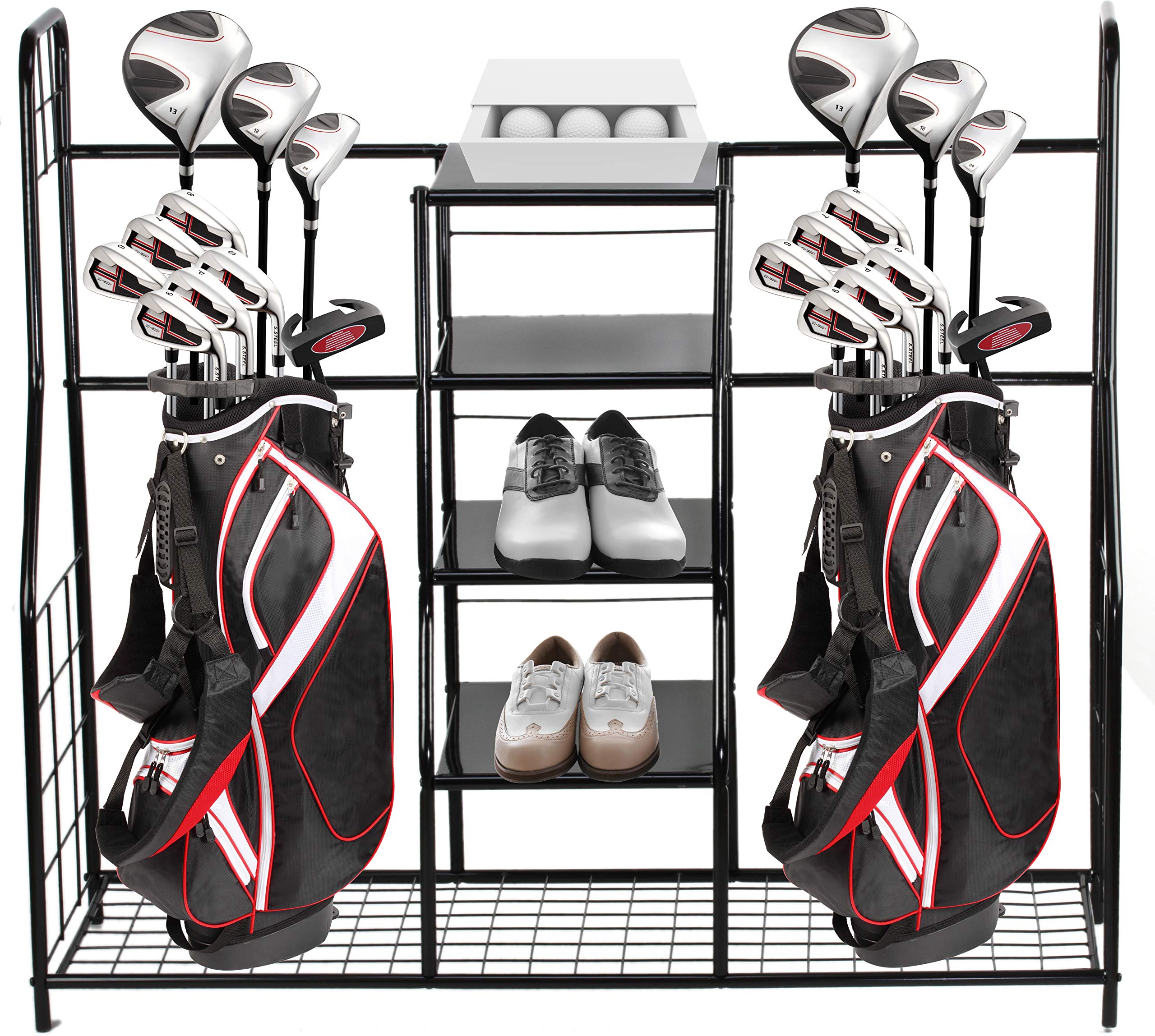 Home-it Extra Large Golf Organizer - Dual Storage Rack for Golf Bags, Clubs, Balls & Accessories | Golf Equipment Organizer for Garage, Basement & Home | Perfect for Golf Enthusiasts & Sports Gear Storage
