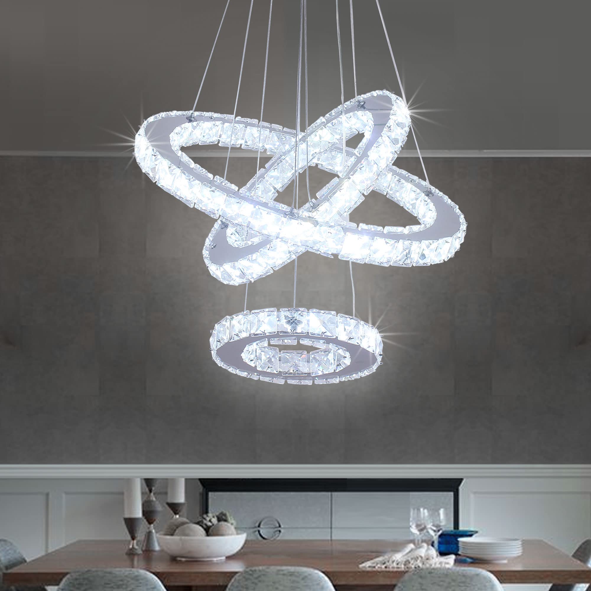 Modern 3-Ring LED Crystal Chandelier - Stainless Steel Round Pendant Light Fixture with Cool White Lighting for Living Room, Dining Room, Bedroom & Kitchen | Elegant DIY Ceiling Lamp for Home Decor, Wedding Venues and Luxury Interior Design