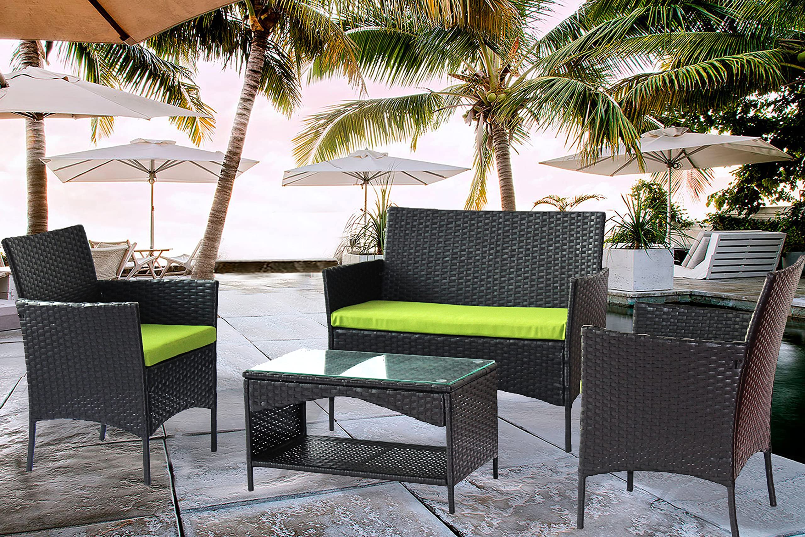 EMKK 4-Piece Outdoor Patio Furniture Set - Green Loveseat with Cushions & Glass Coffee Table for Garden, Backyard, Balcony, Porch, Poolside | Perfect for Relaxing, Entertaining & Outdoor Conversations